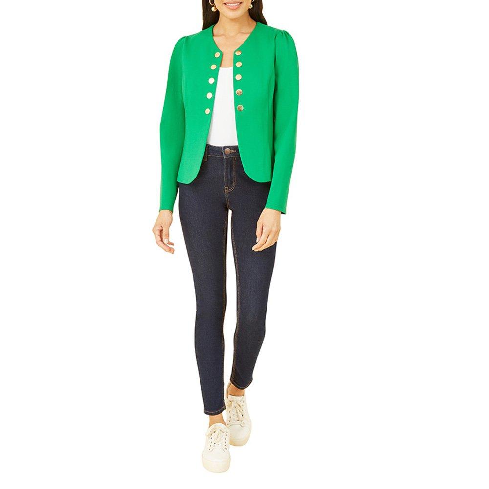 Green - Yumi - Women's Military Ponte Button Blazer - 2
