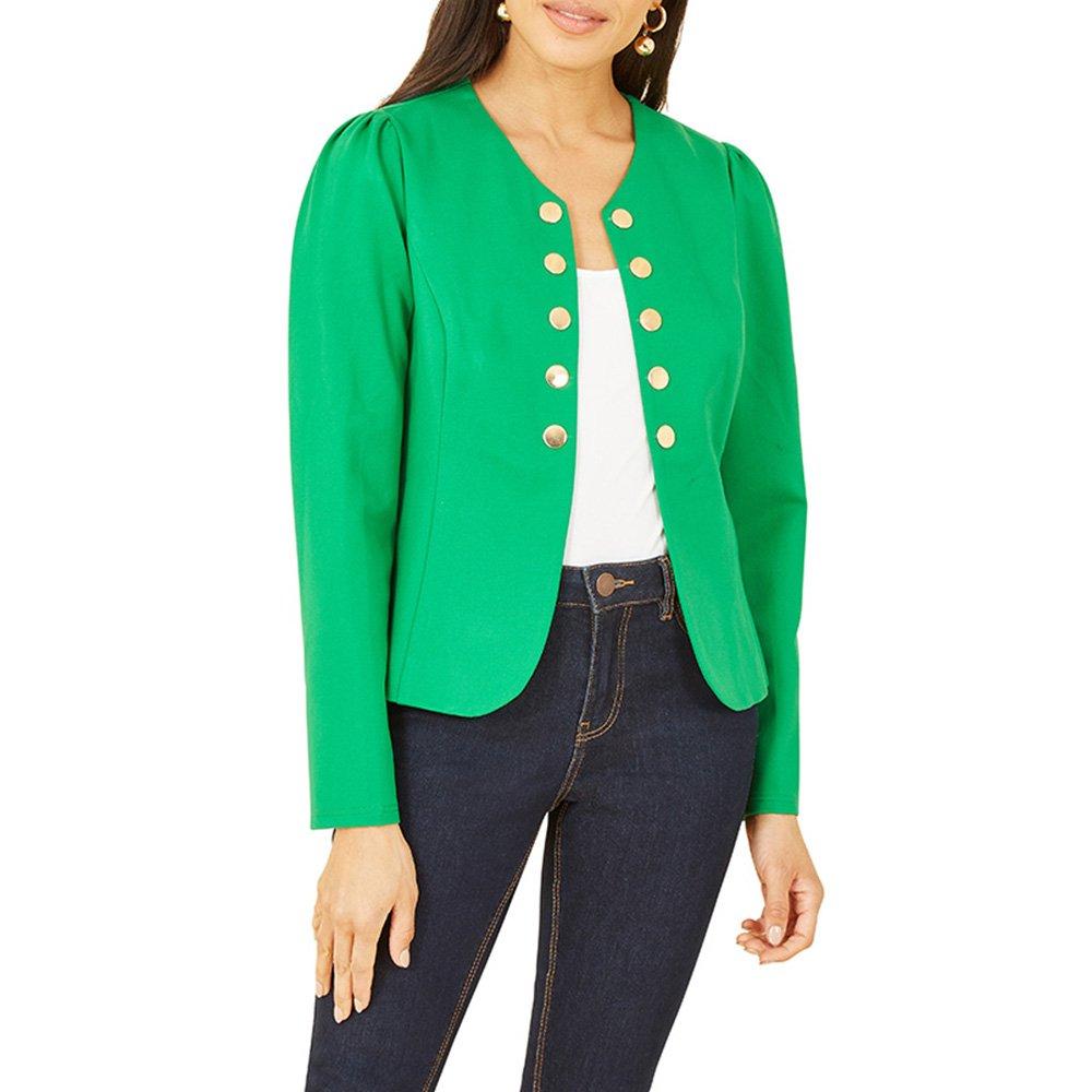 Green - Yumi - Women's Military Ponte Button Blazer - 3