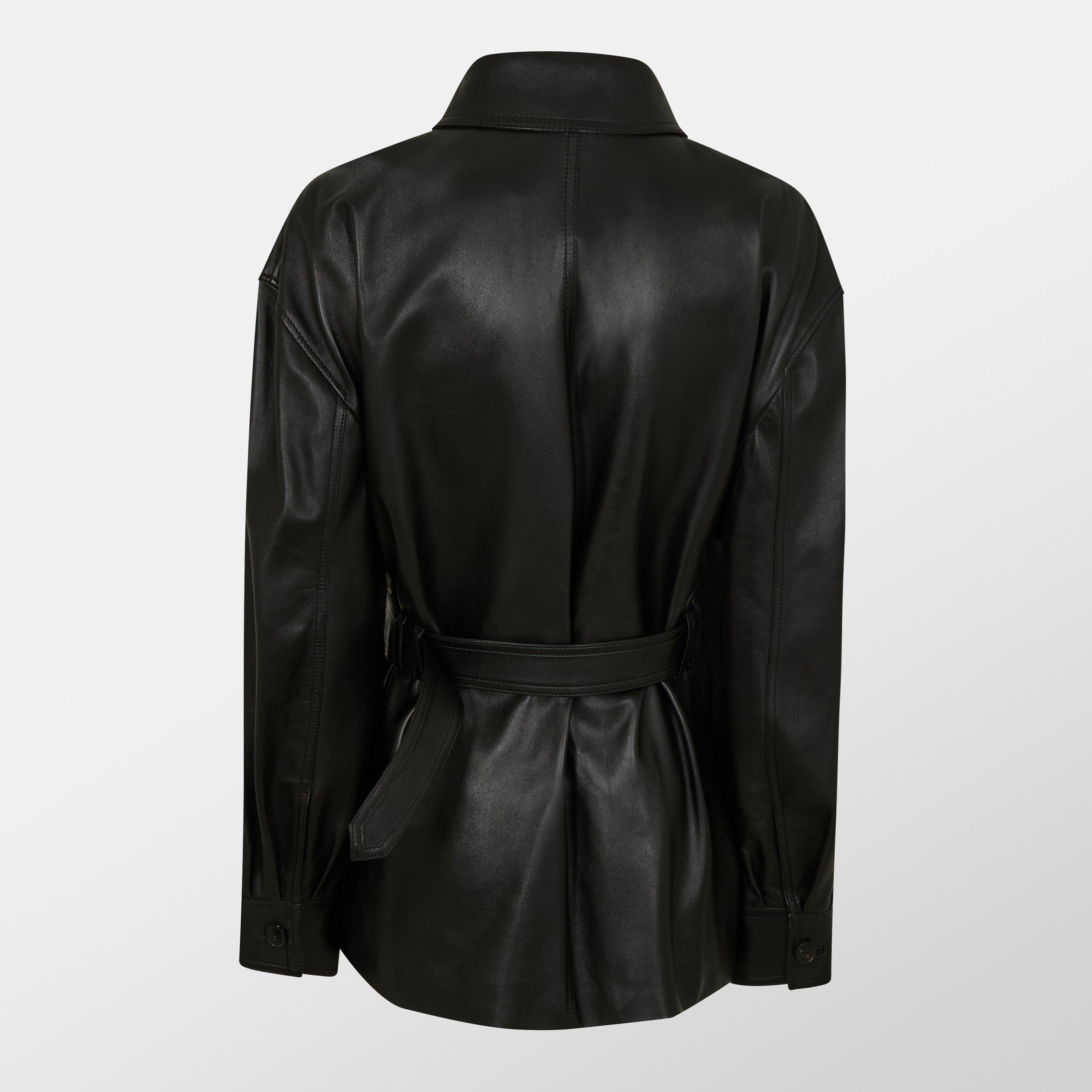 Black - Saint Laurent - Women's  4 Pocket Button Hip Length Long Sleeve Leather Jacket - 2