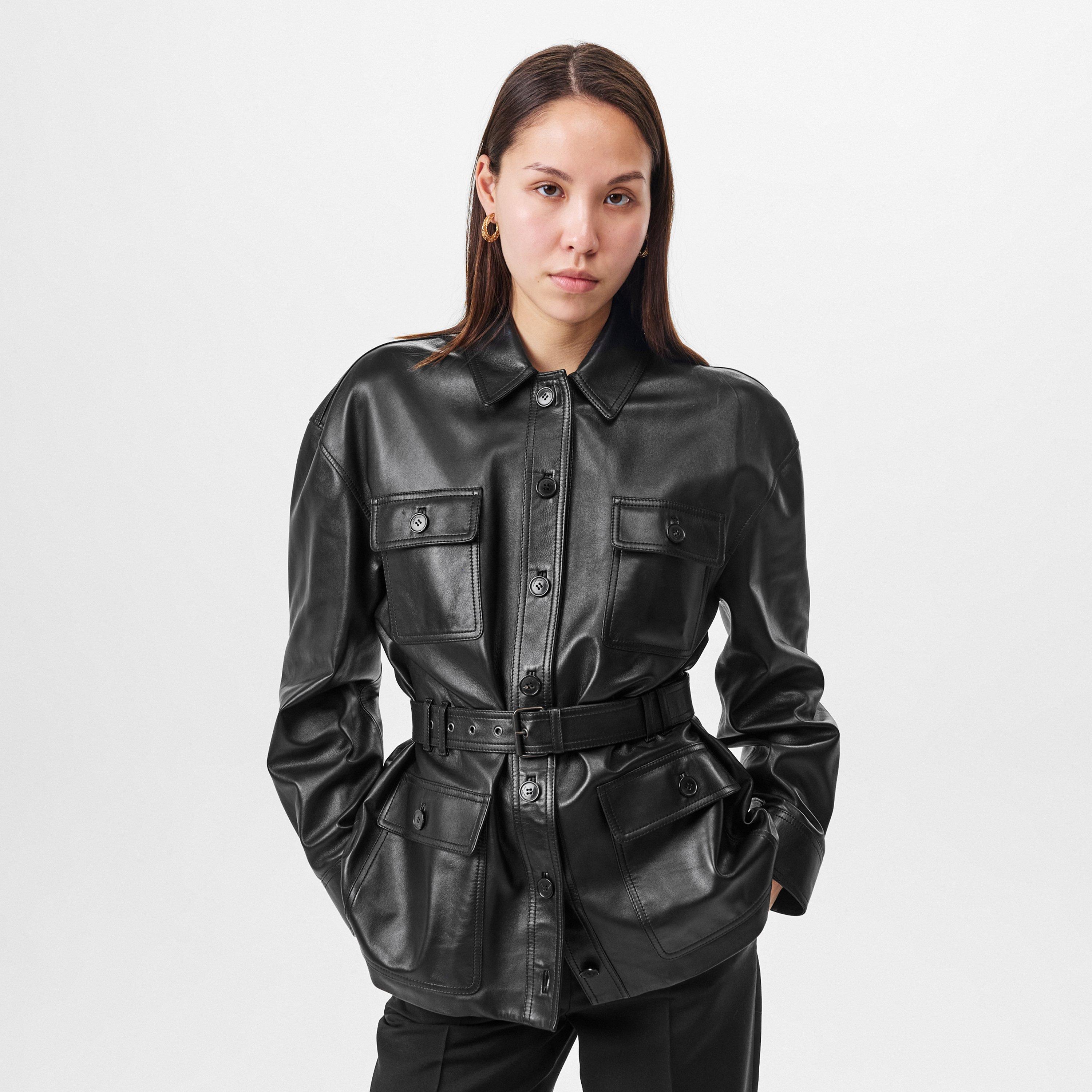 Black - Saint Laurent - Women's  4 Pocket Button Hip Length Long Sleeve Leather Jacket - 3