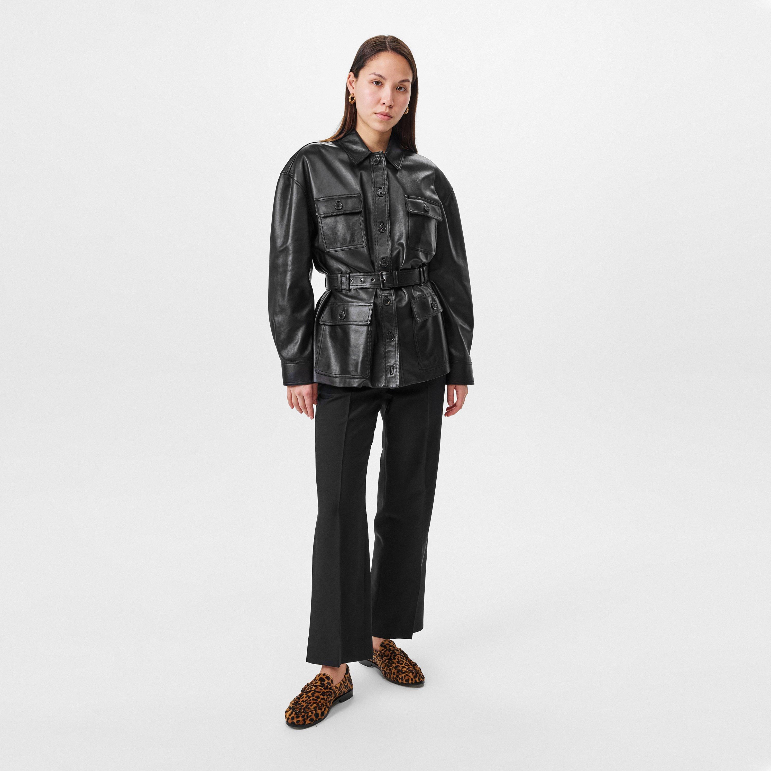 Black - Saint Laurent - Women's  4 Pocket Button Hip Length Long Sleeve Leather Jacket - 6