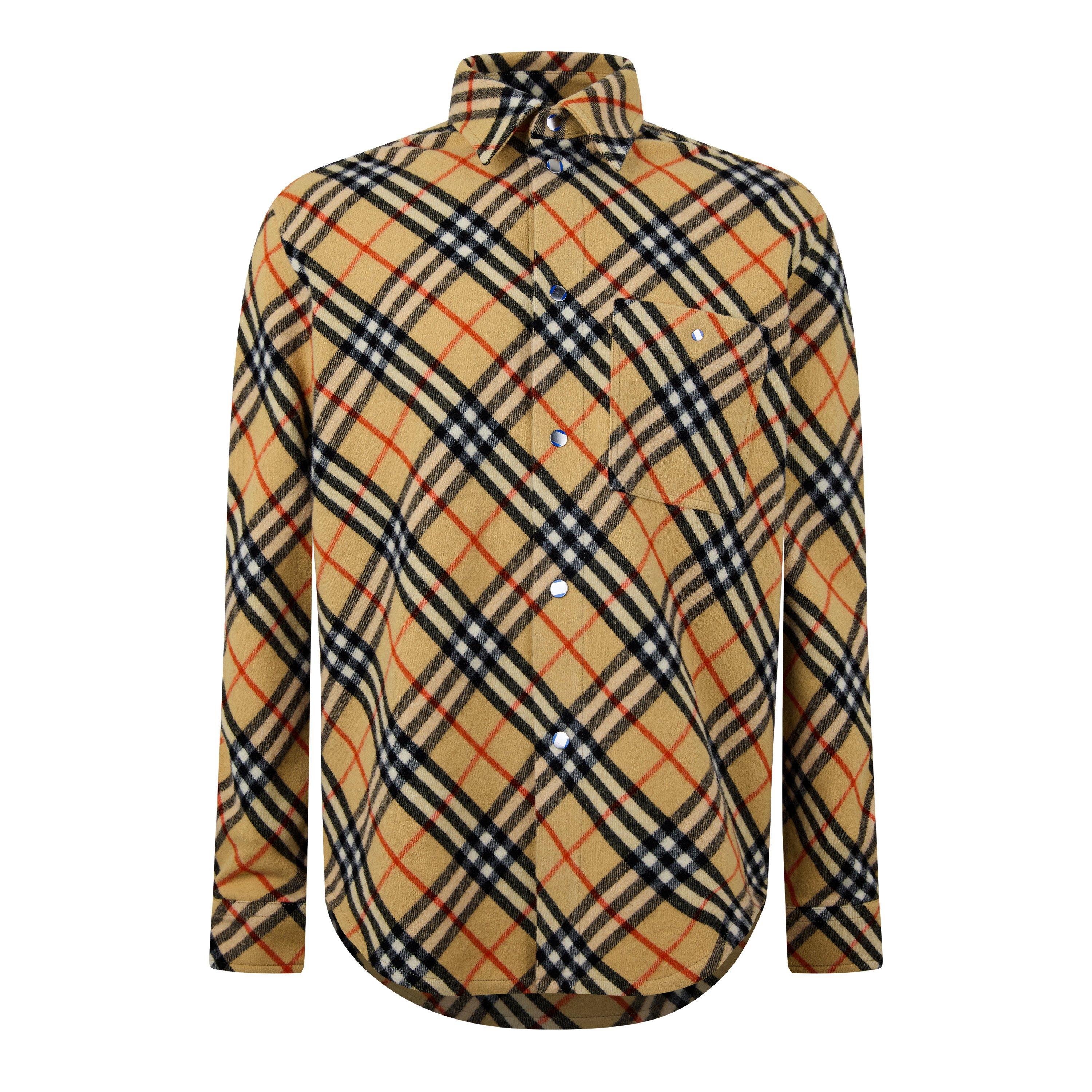 Beige - Burberry - Men's  Check Wool Long Sleeve Overshirt - 5