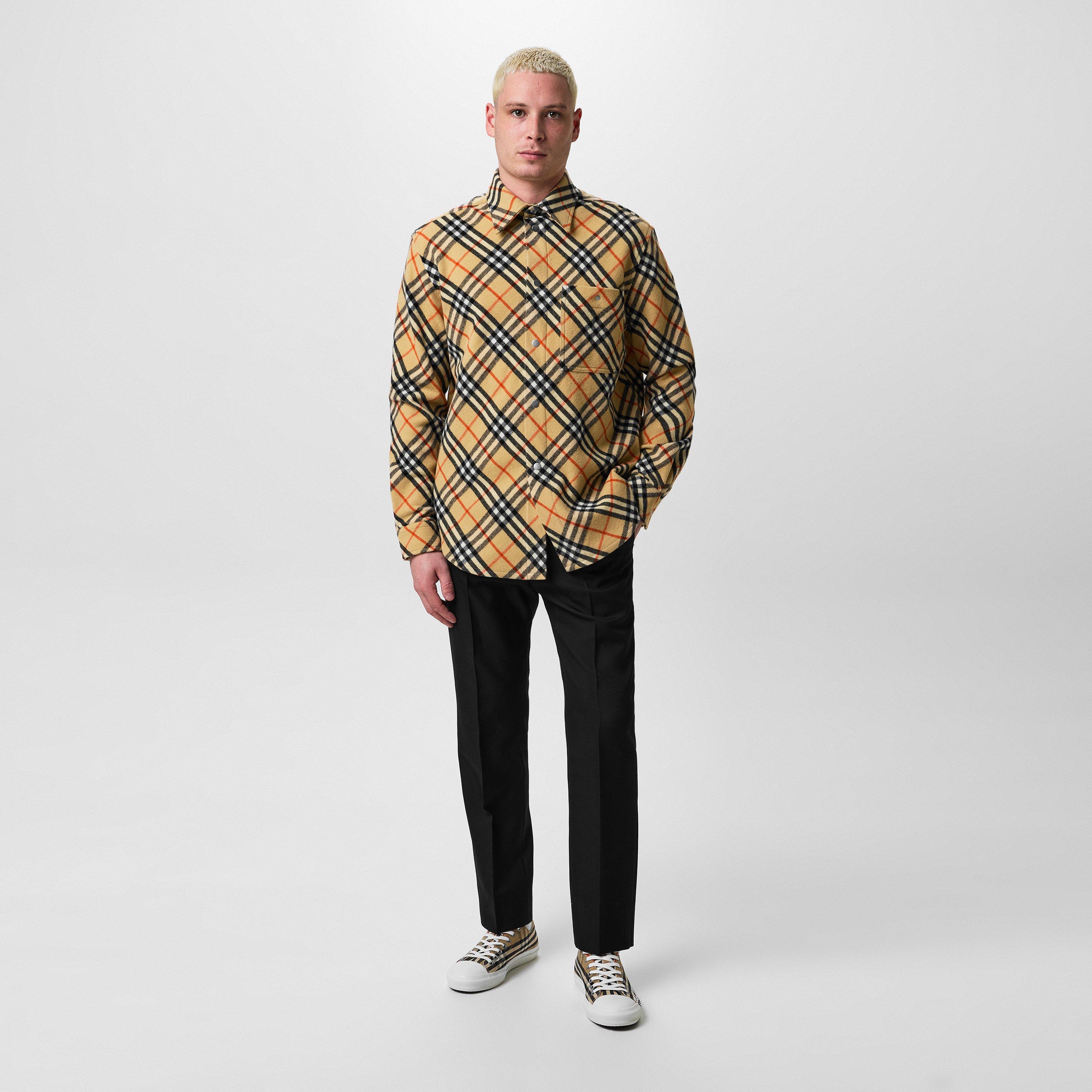 Beige - Burberry - Men's  Check Wool Long Sleeve Overshirt - 4