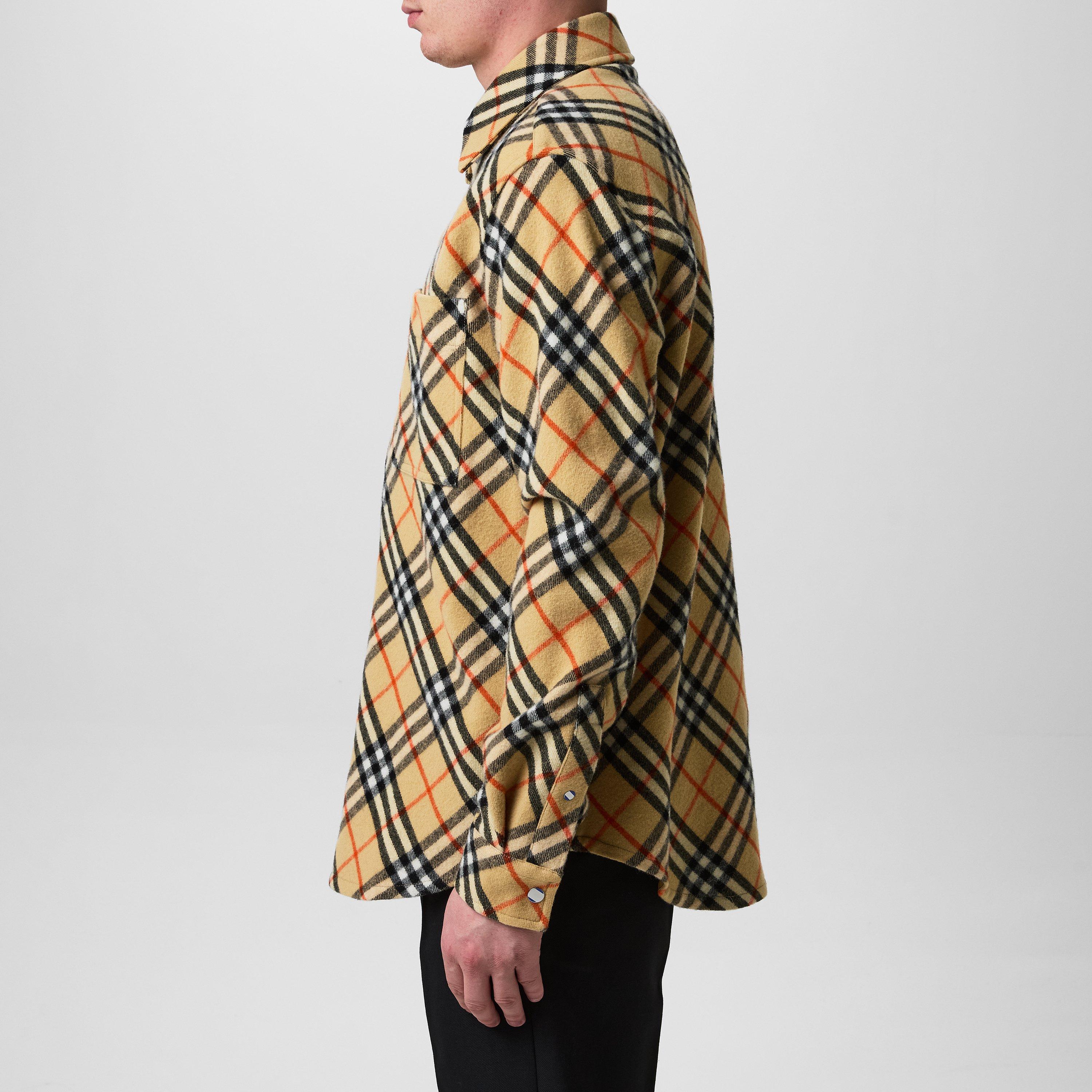 Beige - Burberry - Men's  Check Wool Long Sleeve Overshirt - 5