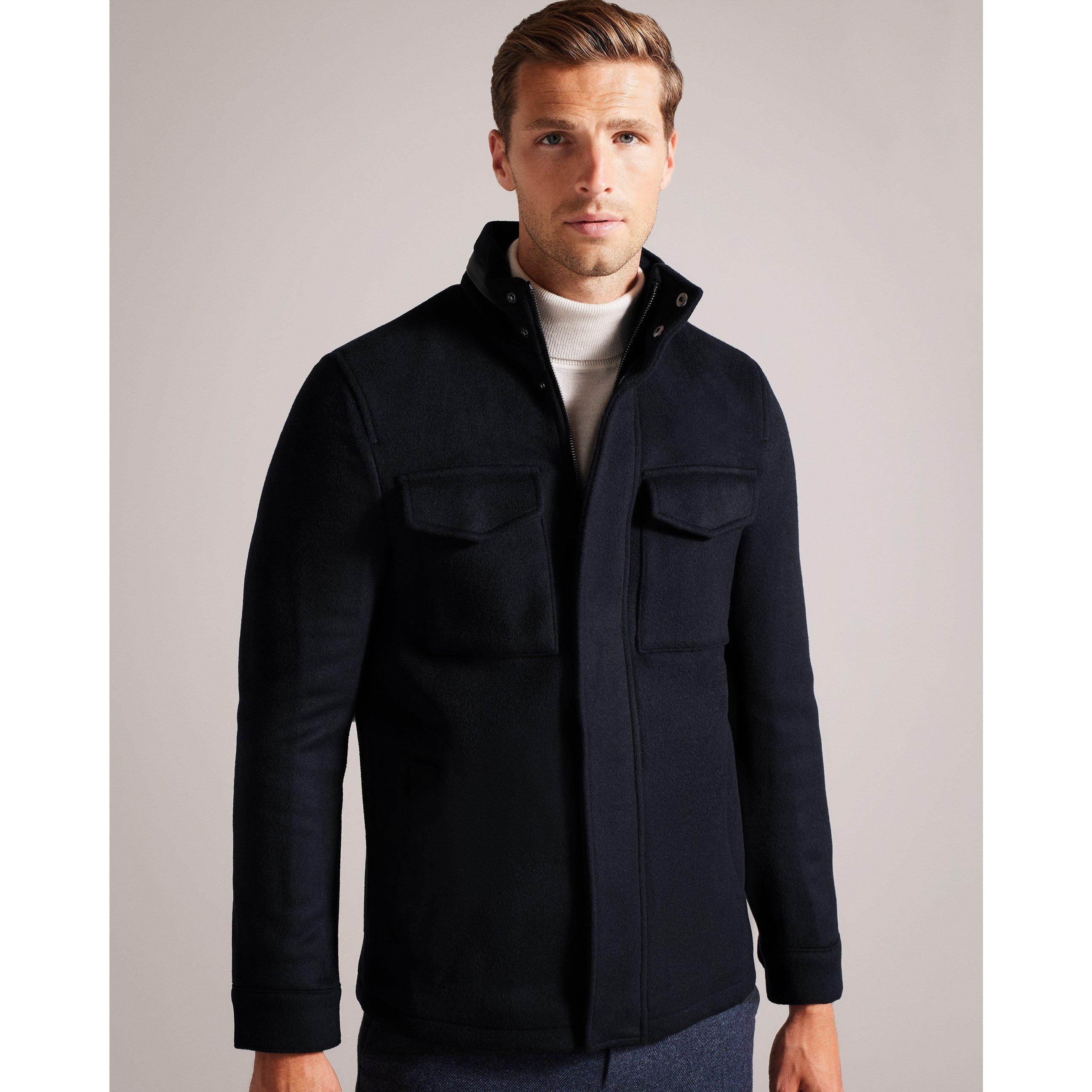 Navy - Ted Baker - Men's Funnel Neck Overcoat - 2