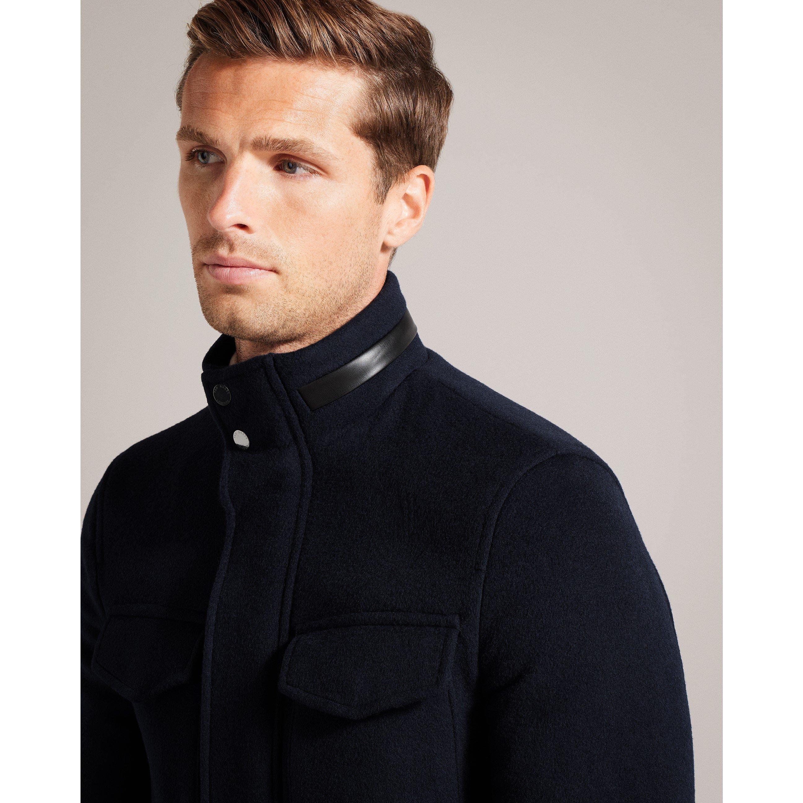 Navy - Ted Baker - Men's Funnel Neck Overcoat - 4