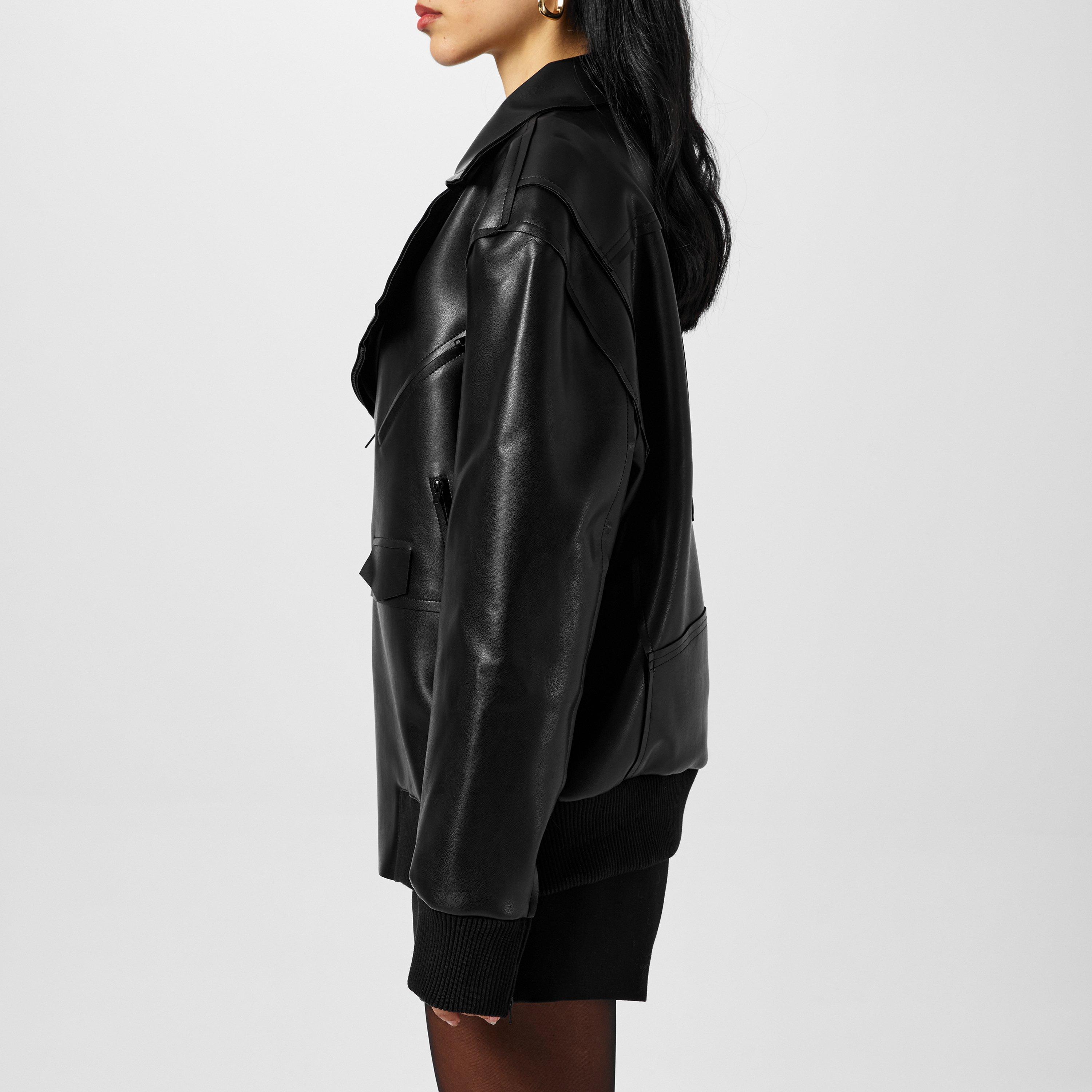 Black - Norma Kamali - Women's Oversized Moto Leather Jacket - 2