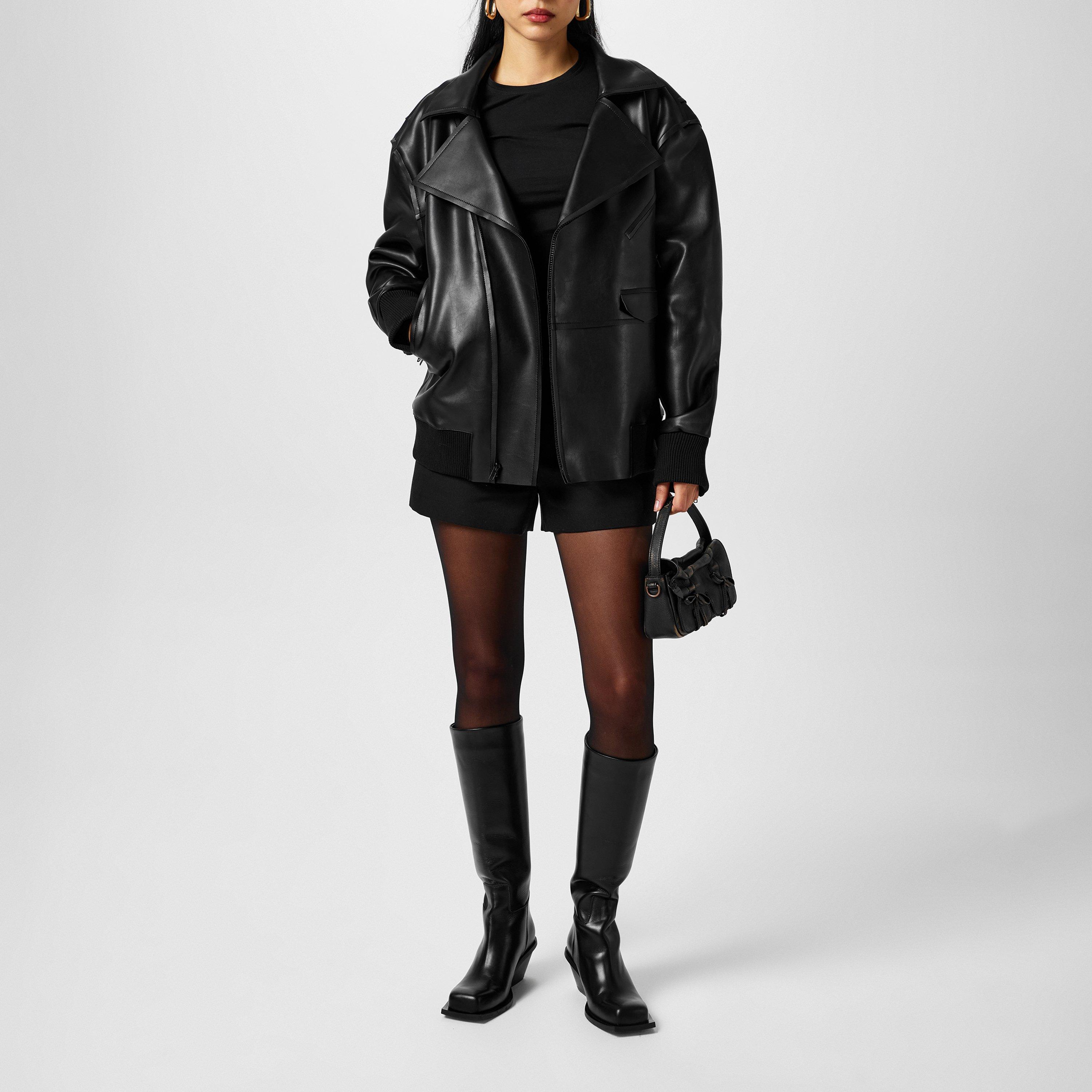 Black - Norma Kamali - Women's Oversized Moto Leather Jacket - 4