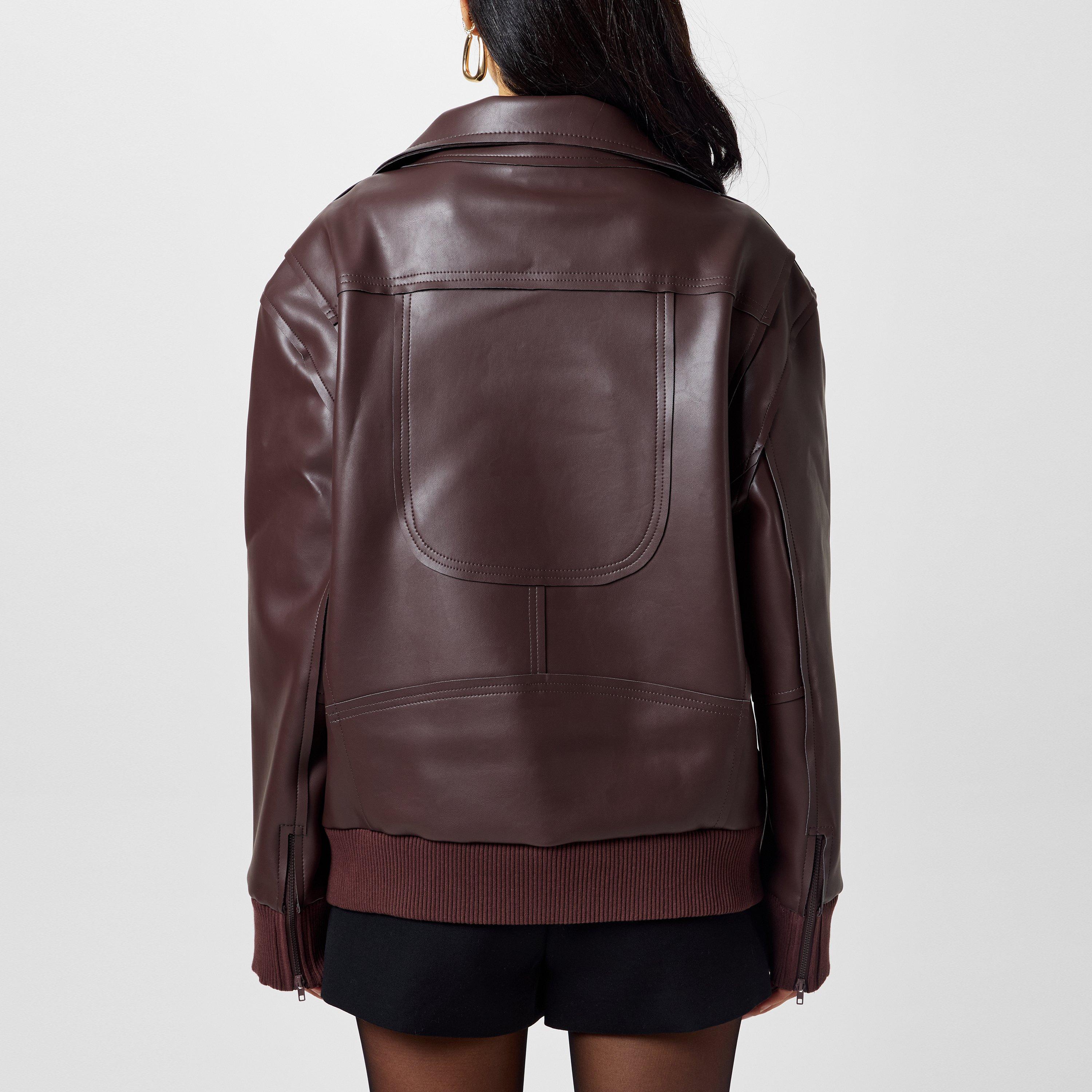 Chocolate - Norma Kamali - Women's Oversized Moto Leather Jacket - 3
