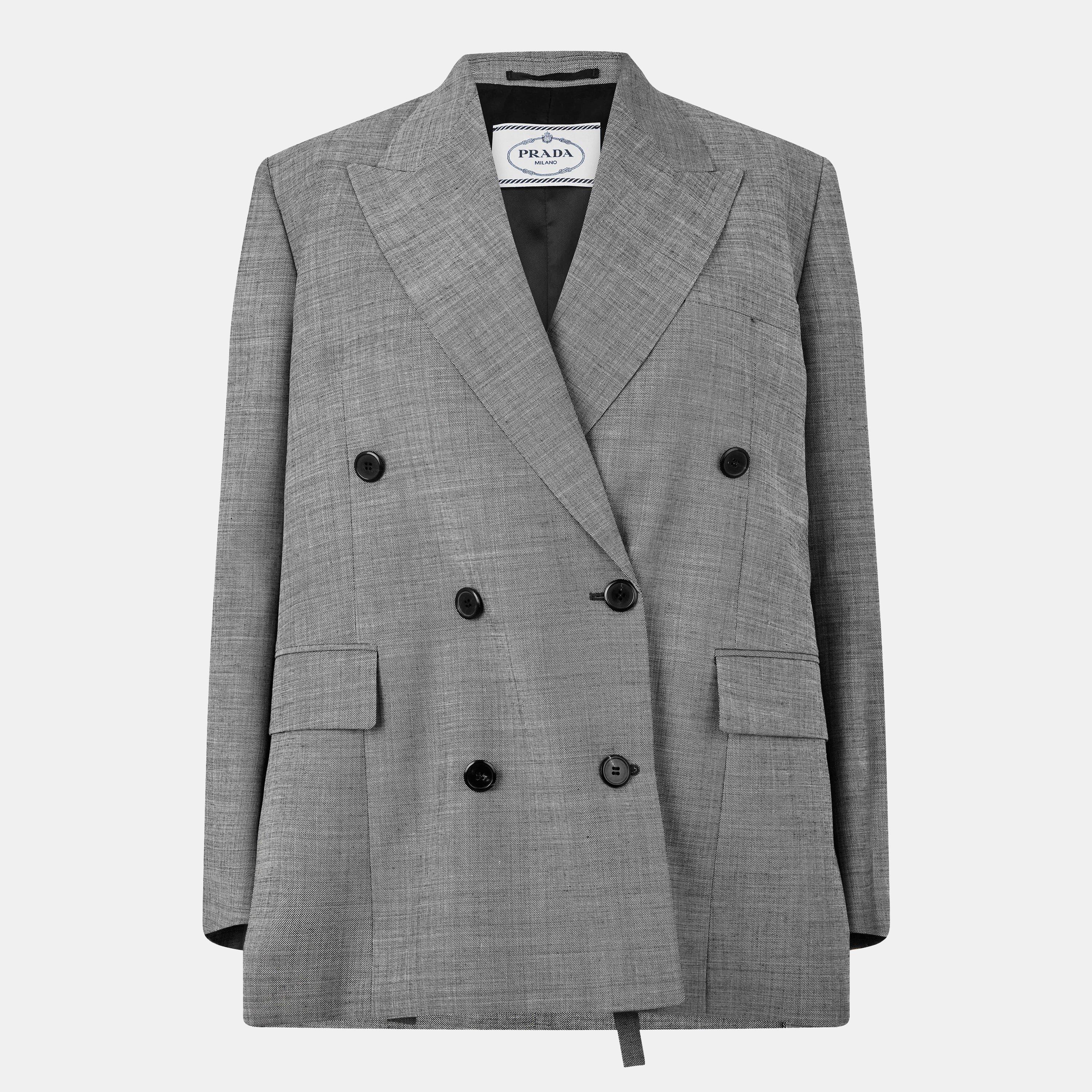 Prada | Women's Double Breasted Grisaille Wool Long Sleeve Blazer