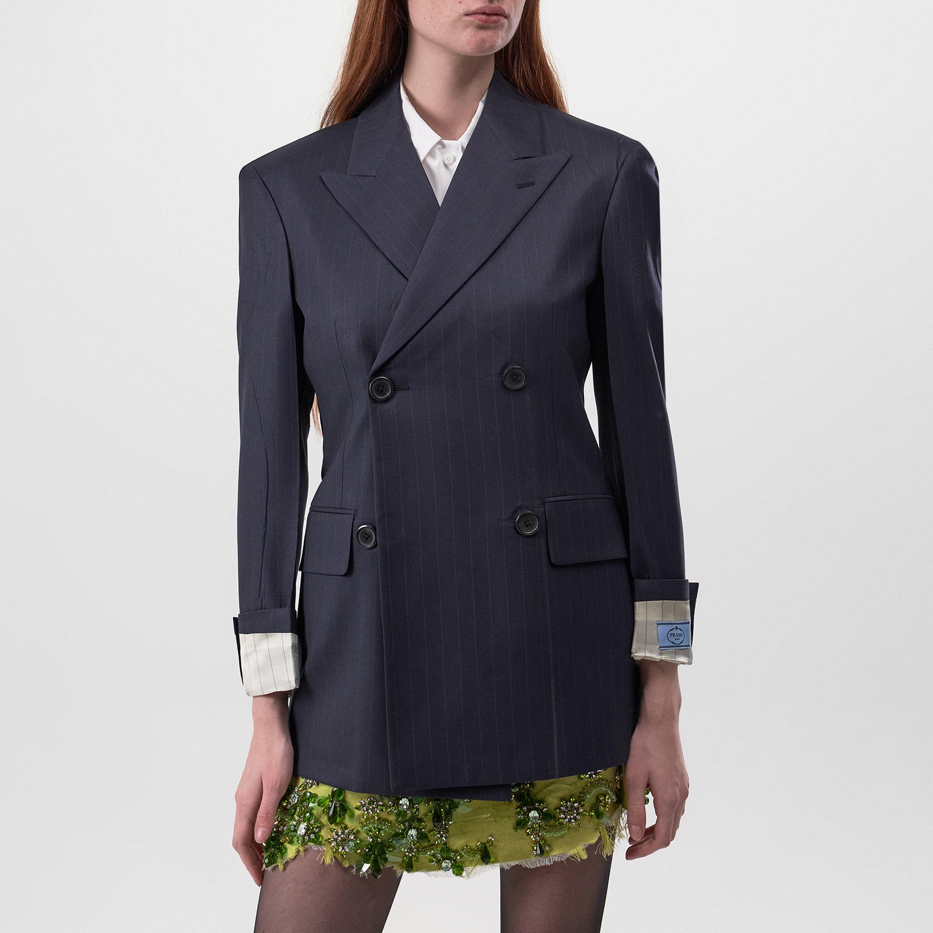 Bleu - Prada - Women's Double Breasted Pinstriped Wool Long Sleeve Blazer - 3