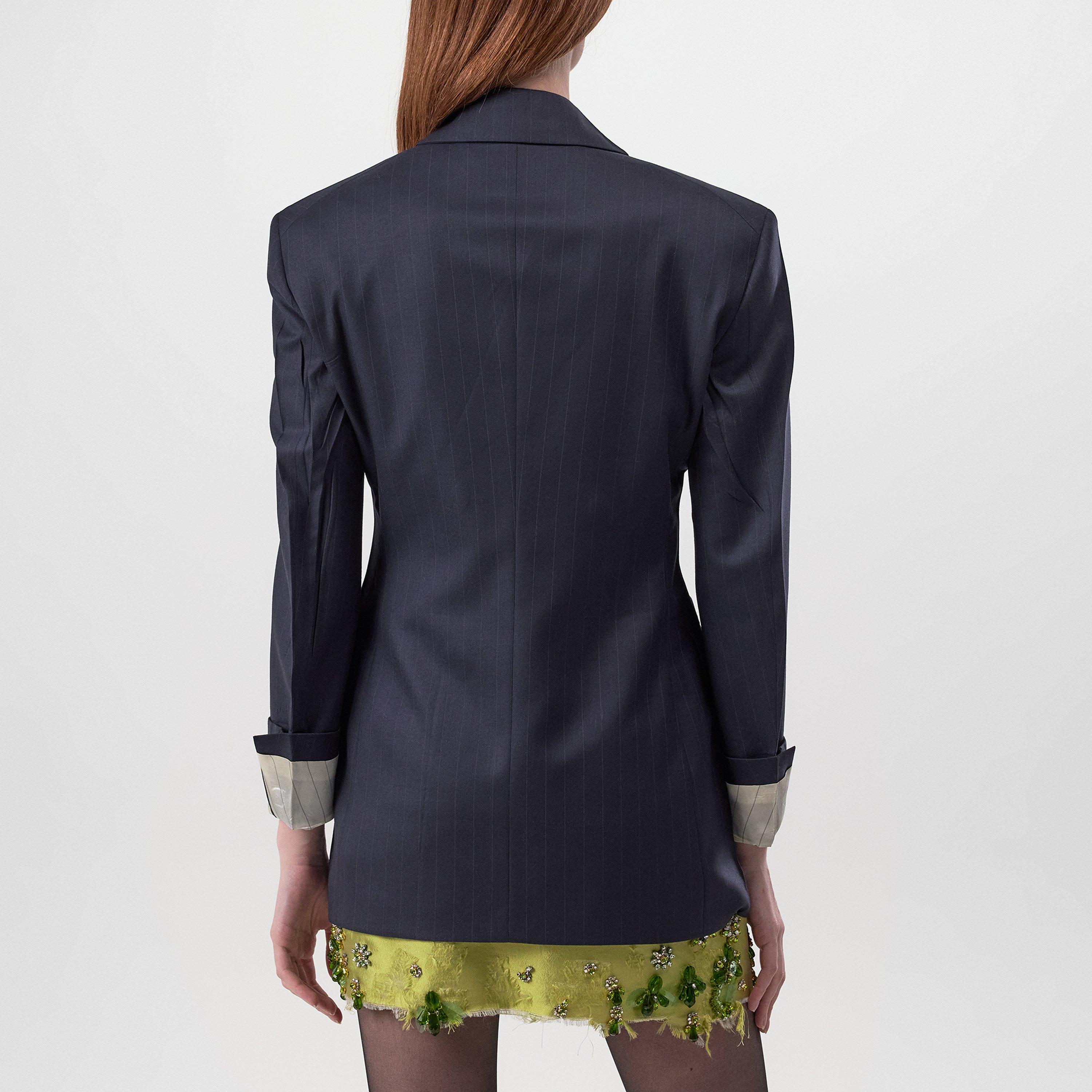 Bleu - Prada - Women's Double Breasted Pinstriped Wool Long Sleeve Blazer - 4