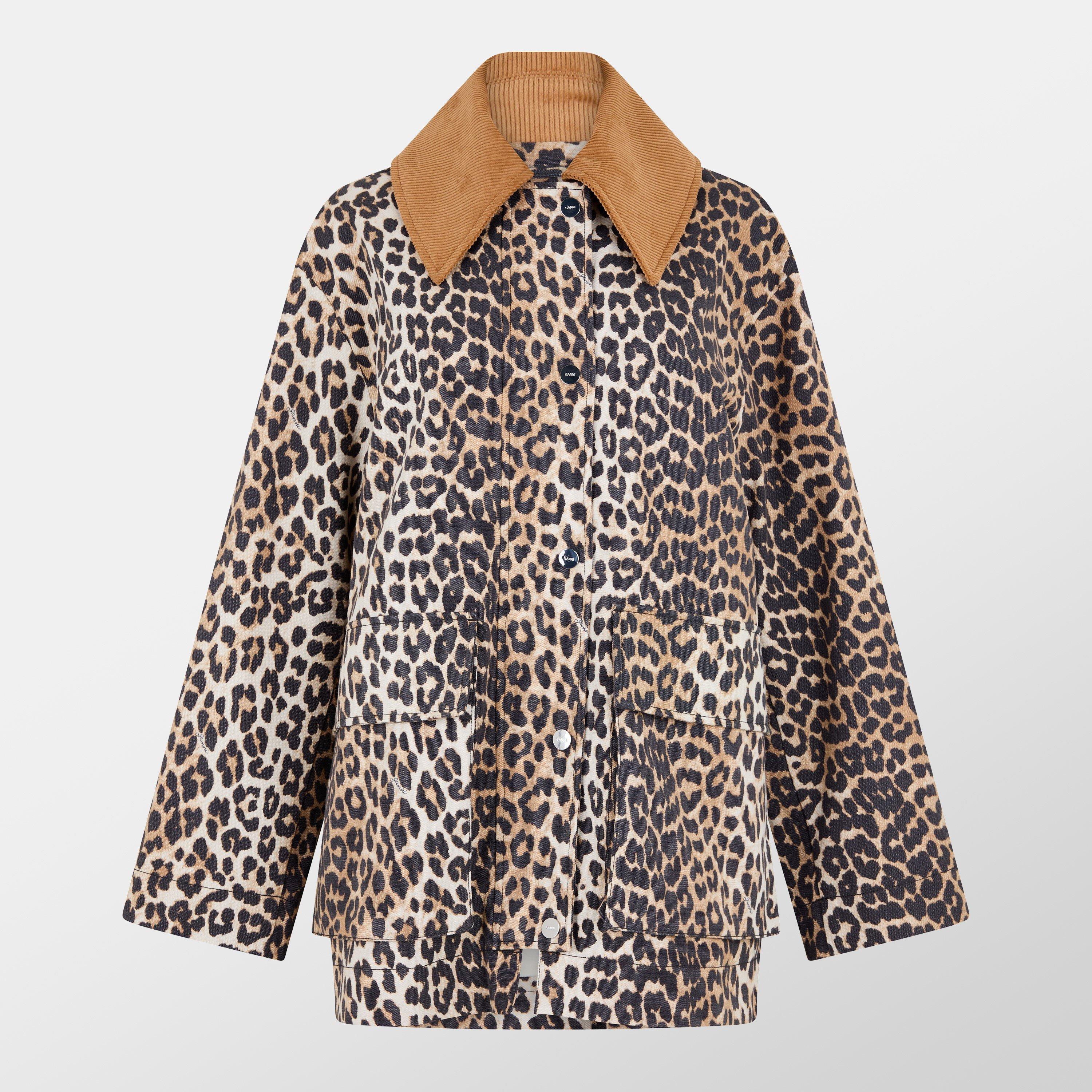 Almond Milk - Ganni - Womens Leopard Printed Canvas Midi Jacket - 1