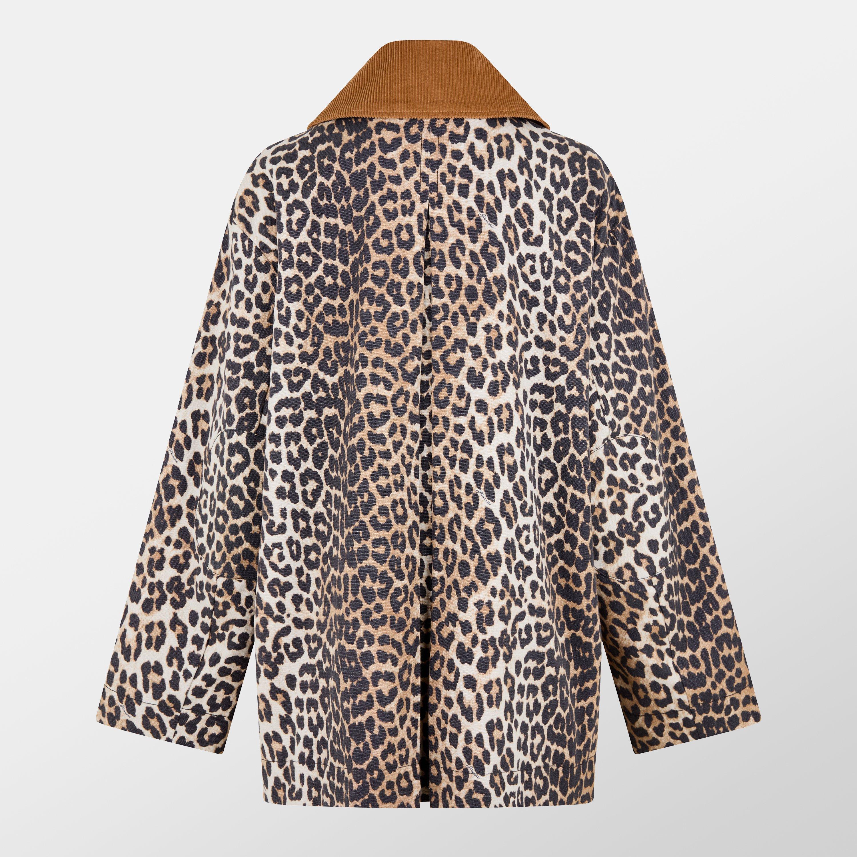 Almond Milk - Ganni - Women's Leopard Print Canvas Midi Coach Jacket - 2