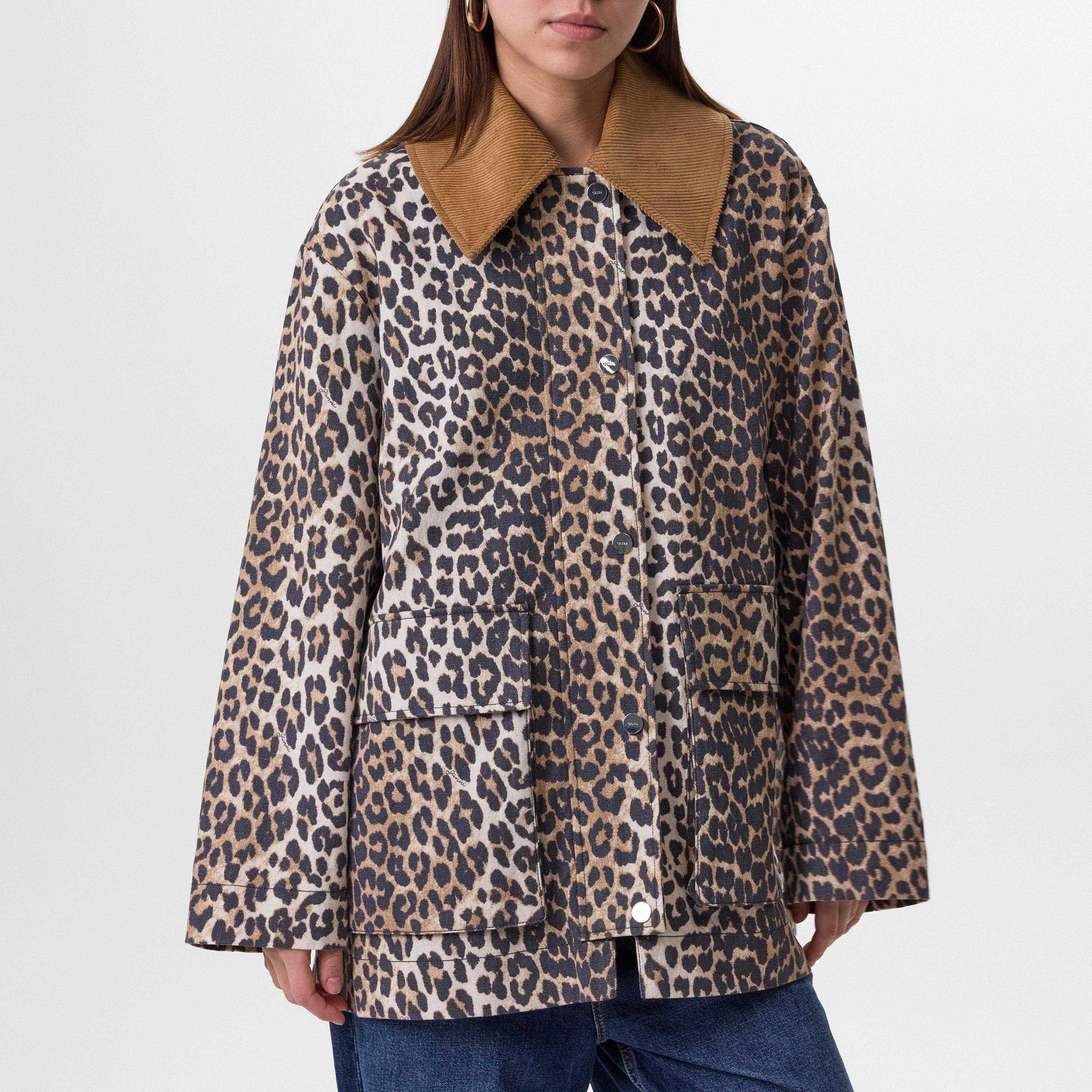 Almond Milk - Ganni - Women's Leopard Print Canvas Midi Coach Jacket - 3