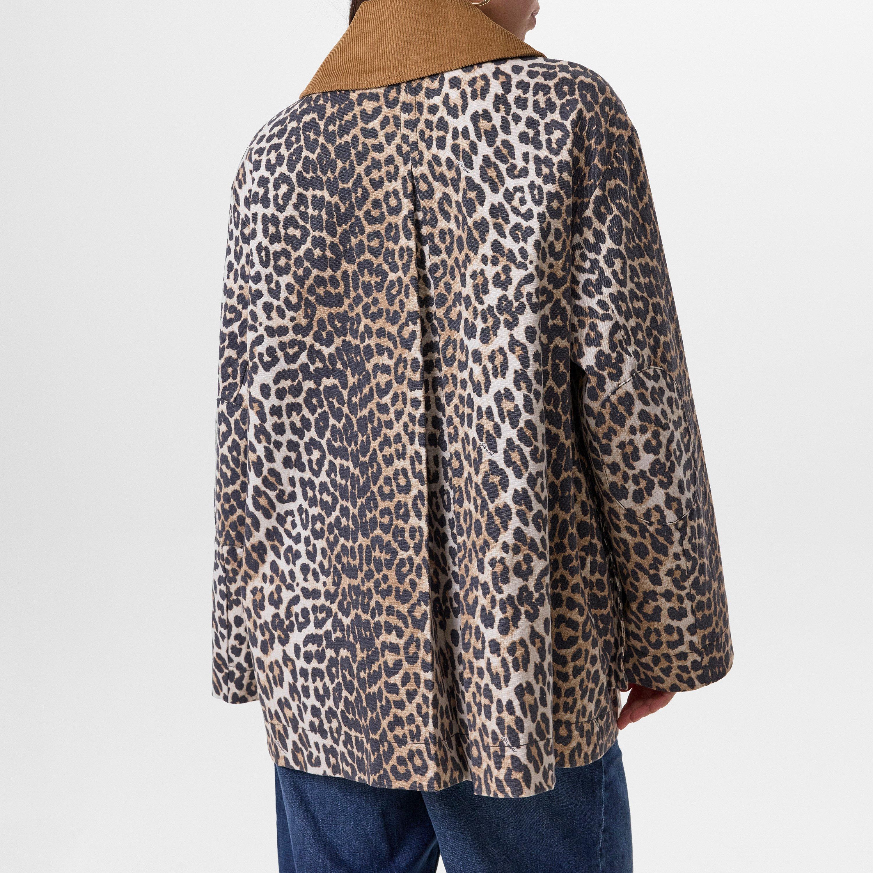 Almond Milk - Ganni - Women's Leopard Print Canvas Midi Coach Jacket - 4