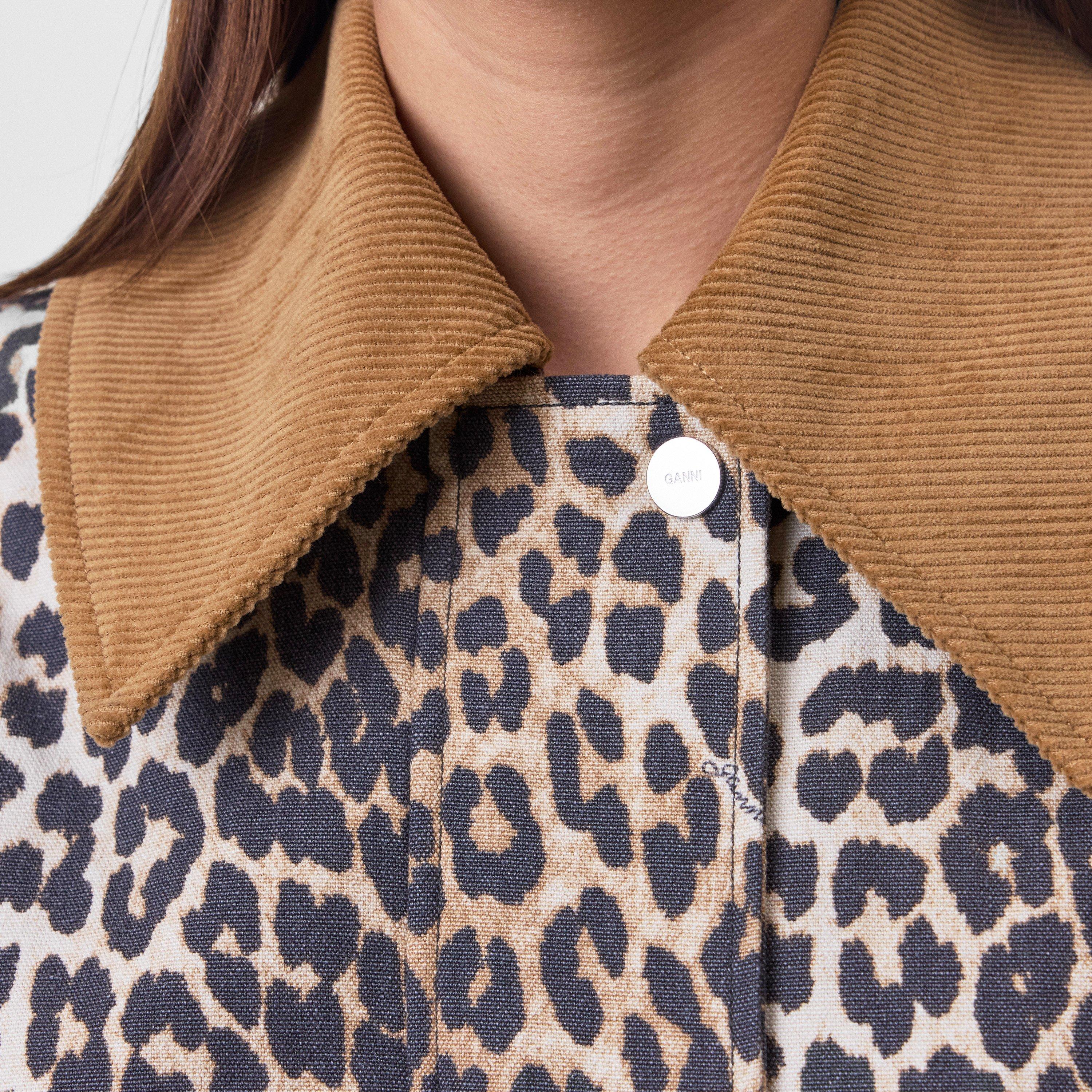 Almond Milk - Ganni - Women's Leopard Print Canvas Midi Coach Jacket - 5