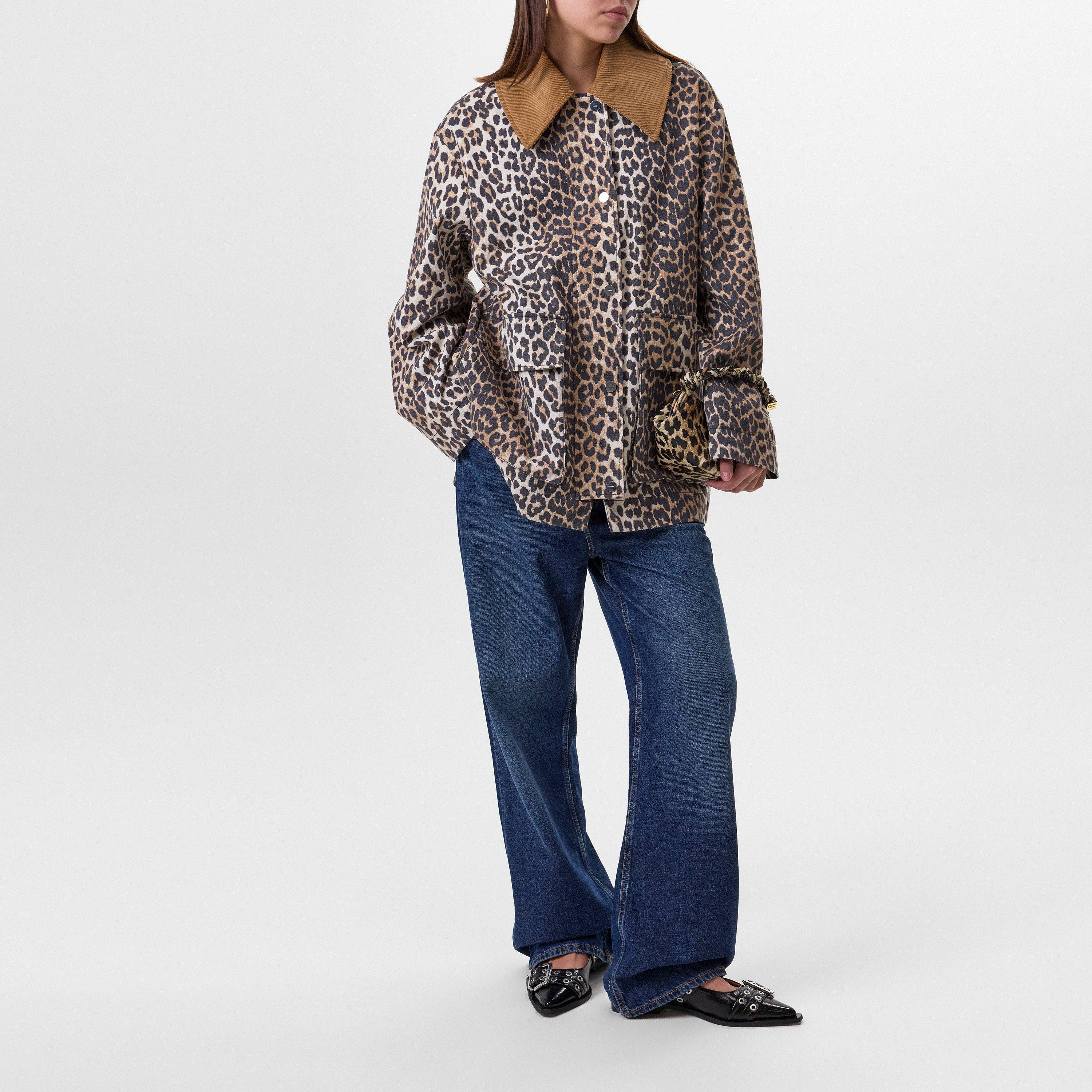 Almond Milk - Ganni - Women's Leopard Print Canvas Midi Coach Jacket - 6