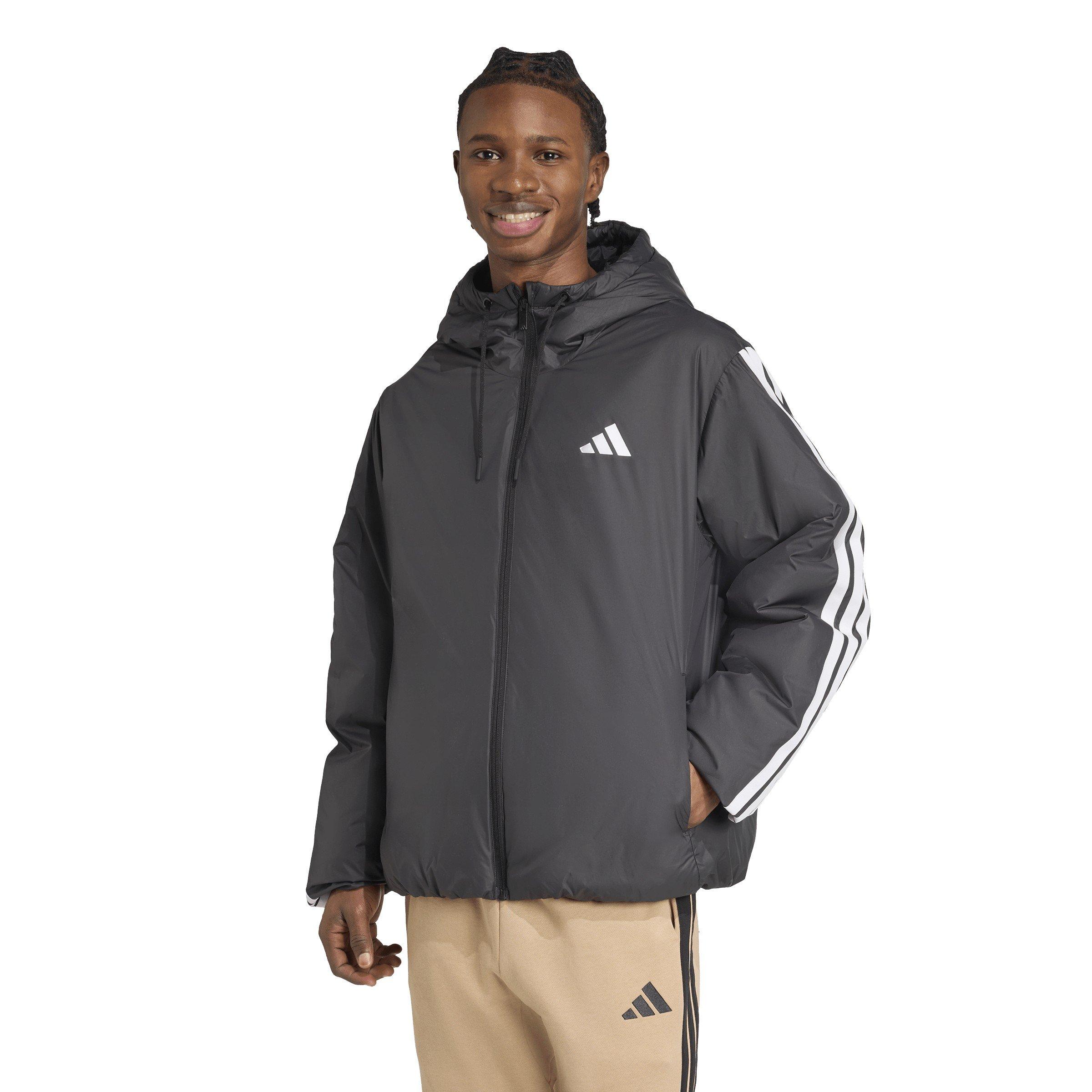 Black - adidas - Men's 3 Stripe Essential Waterproof Wind Resistant Long Sleeve Puffer Jacket - 2