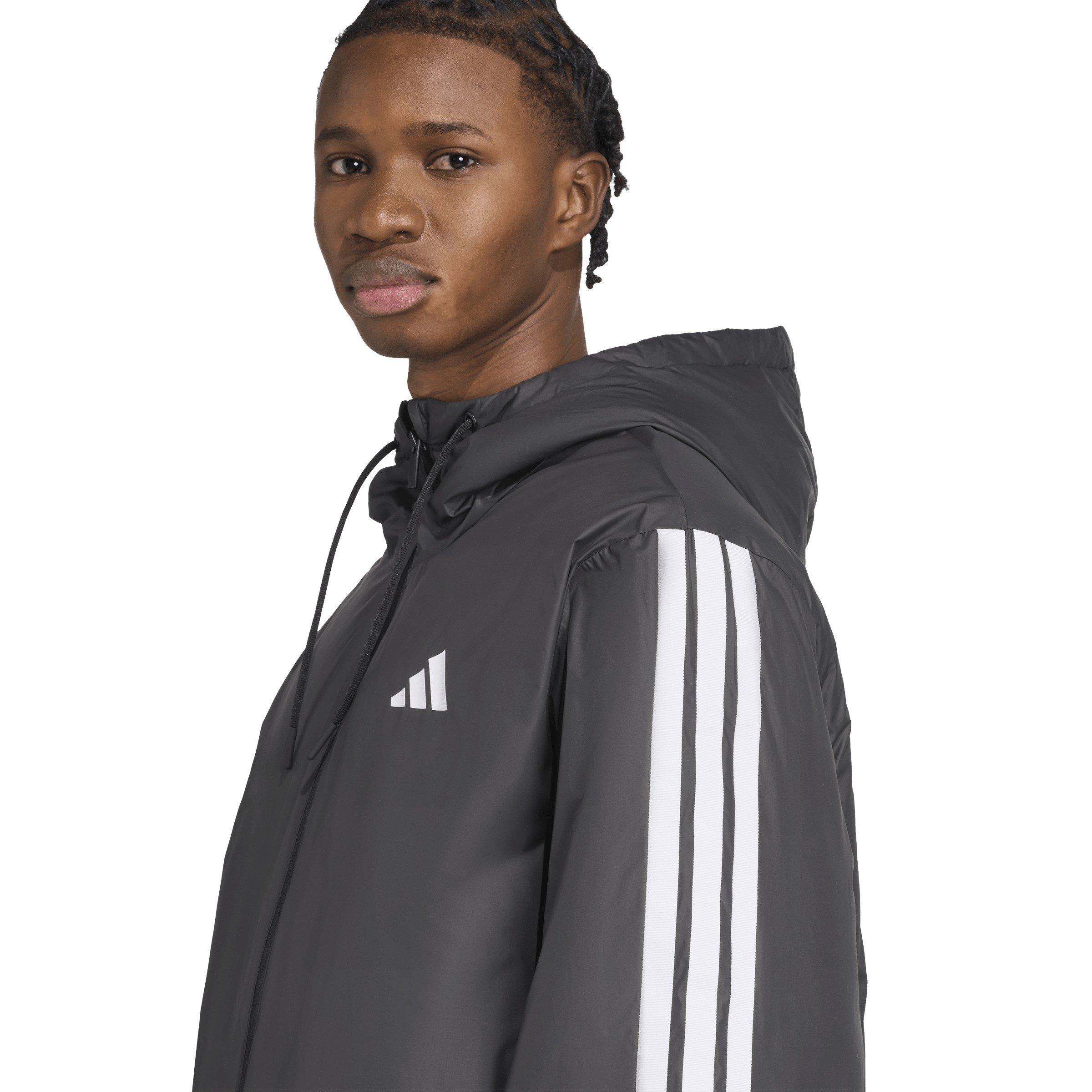 Black - adidas - Men's 3 Stripe Essential Waterproof Wind Resistant Long Sleeve Puffer Jacket - 4