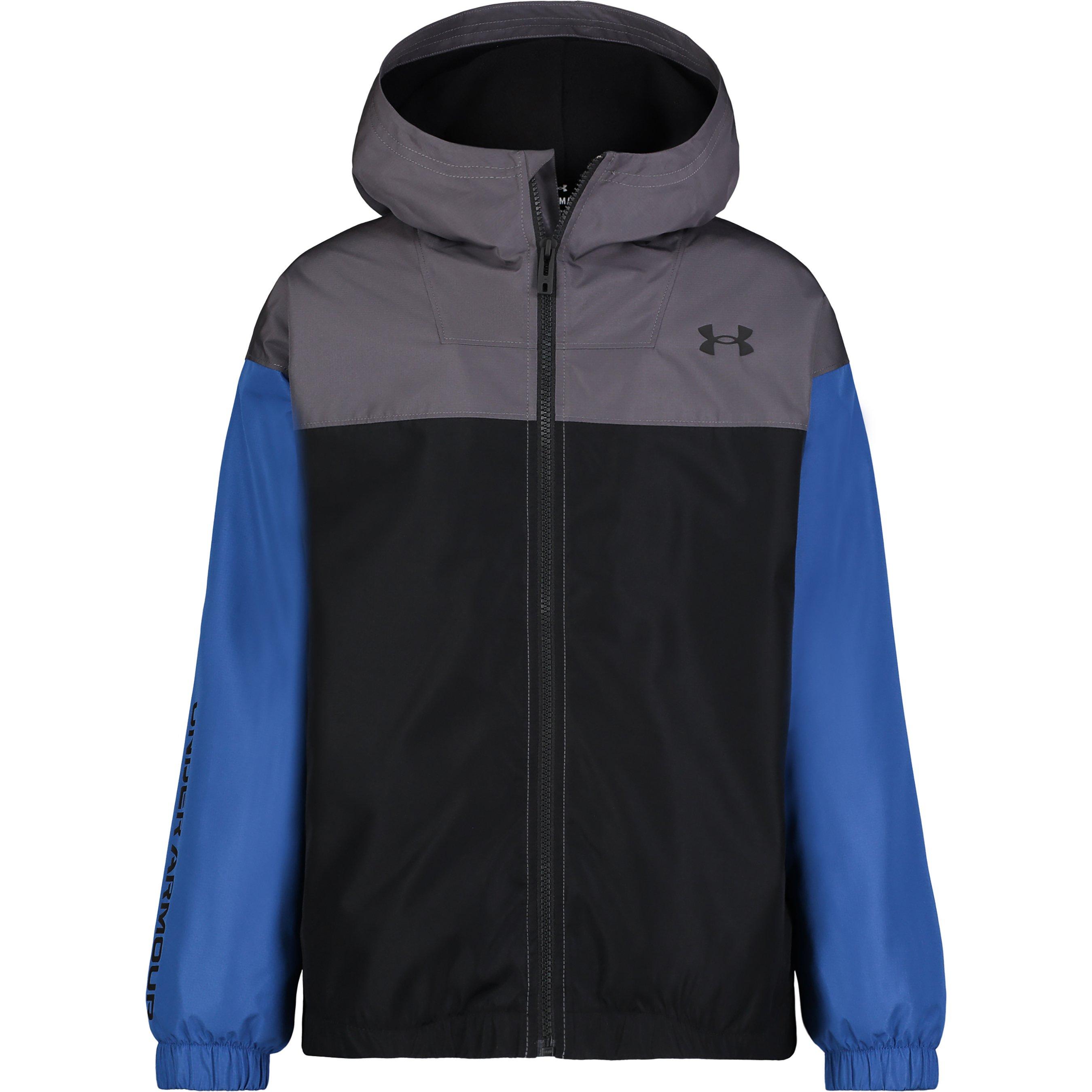 Under Armour Boys Kids' Windbreaker Water-Repellent Windproof Hooded Long Sleeve Rain Anorak - Tech Blue/Black - 12-13 (XL)