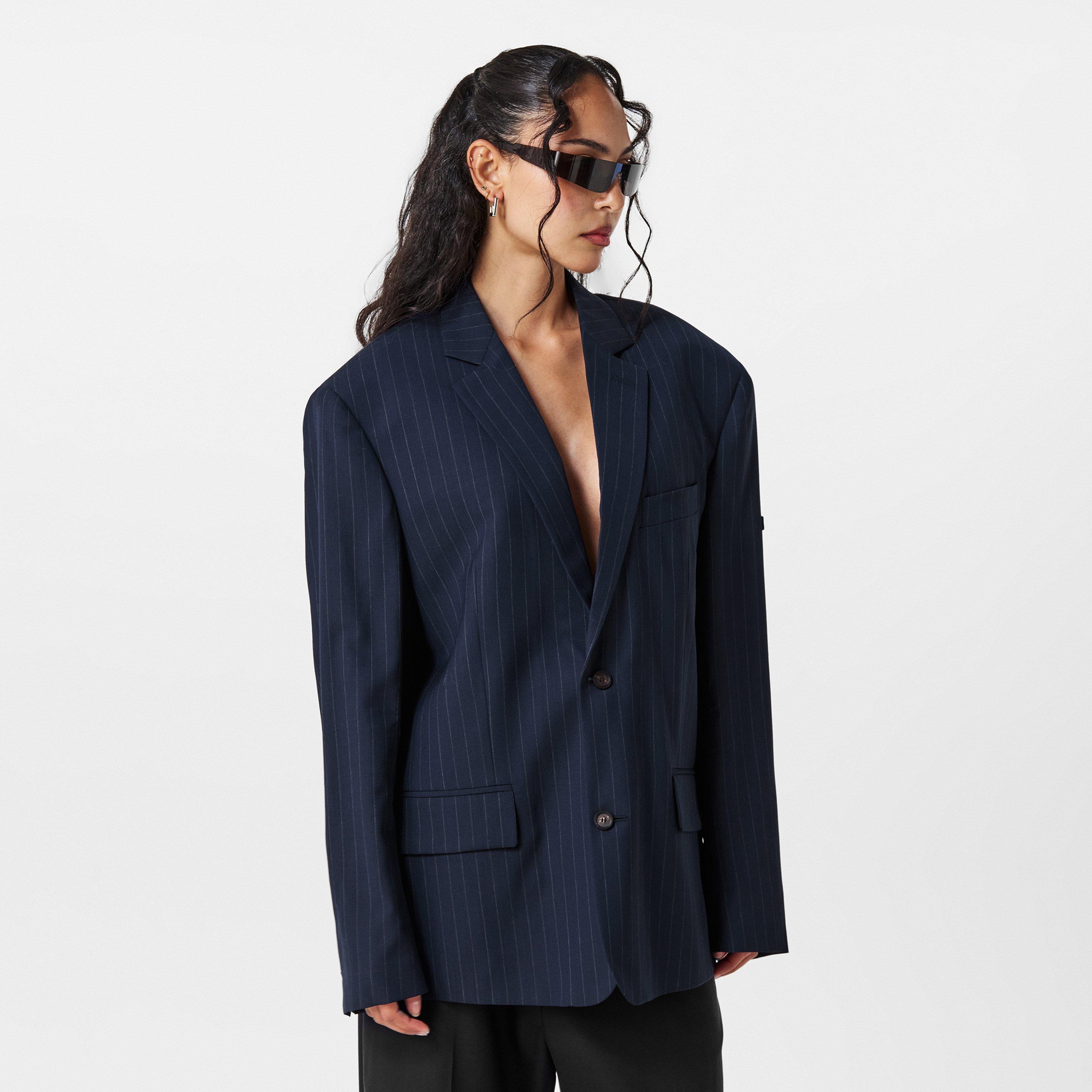 Dark Navy - Balenciaga - Women's  Pinstripe Structured Blazer - 3