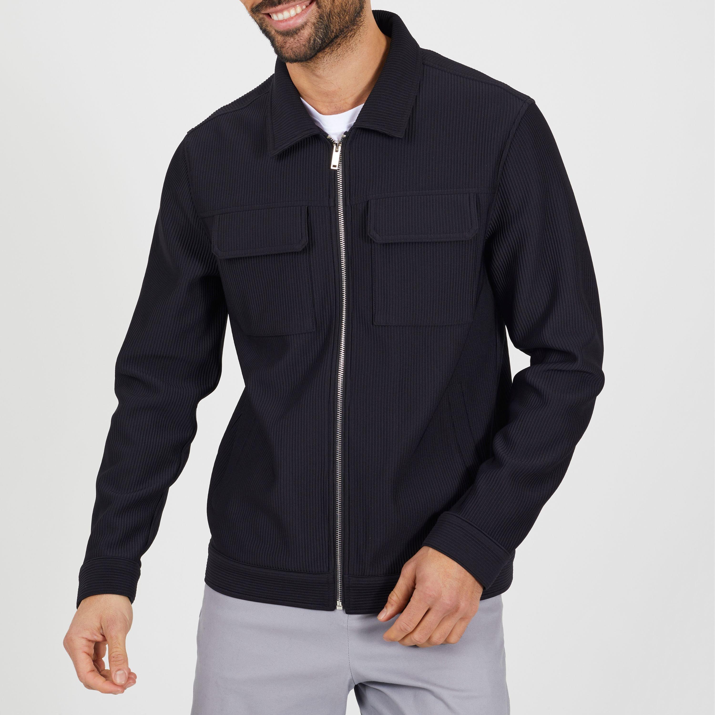 Black - Brave Soul - Mens Black Ribbed Collared Jacket with Chest Pockets - 1