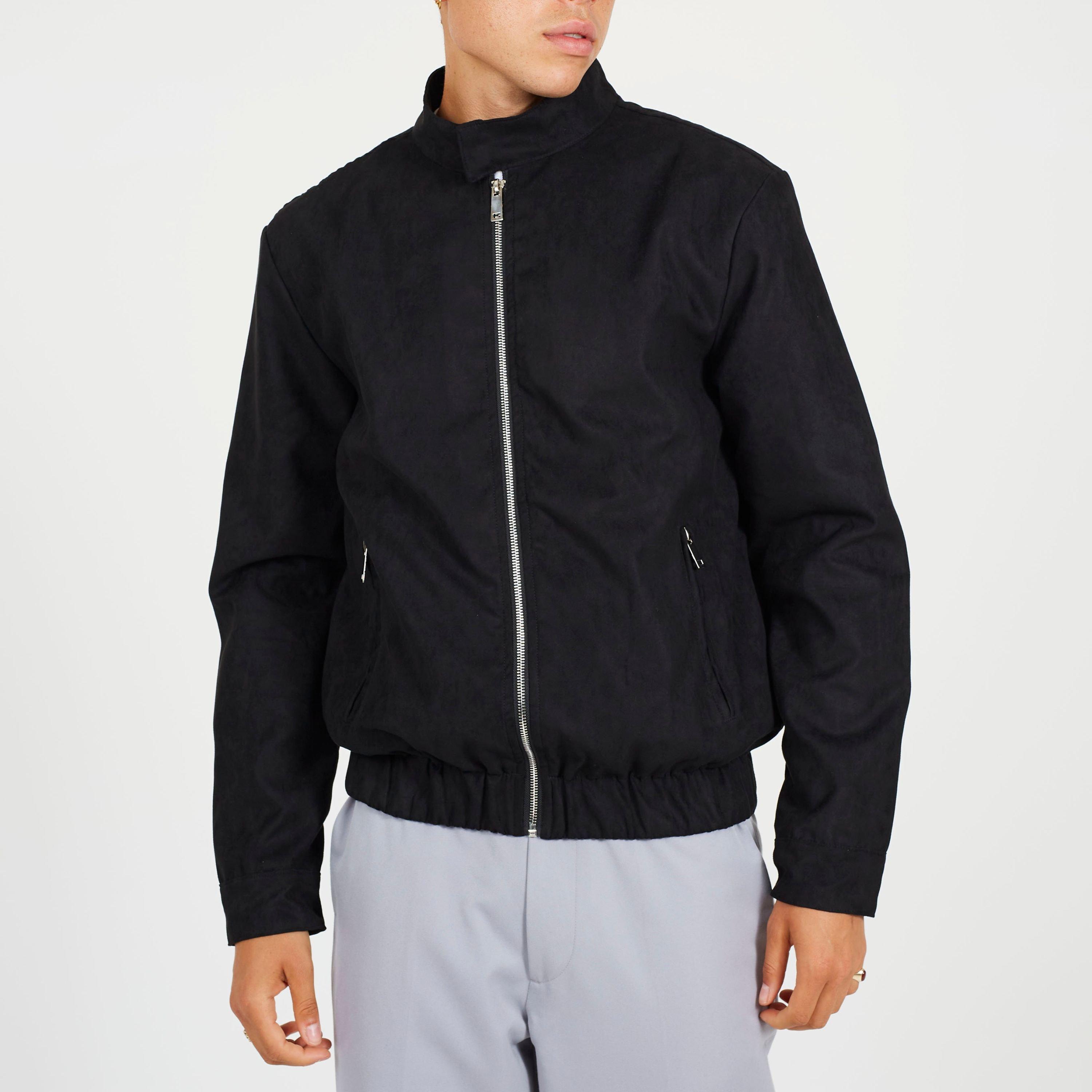 Brave Soul Men's Faux Suede Funnel Neck Long Sleeve Bomber Jacket Black - Large