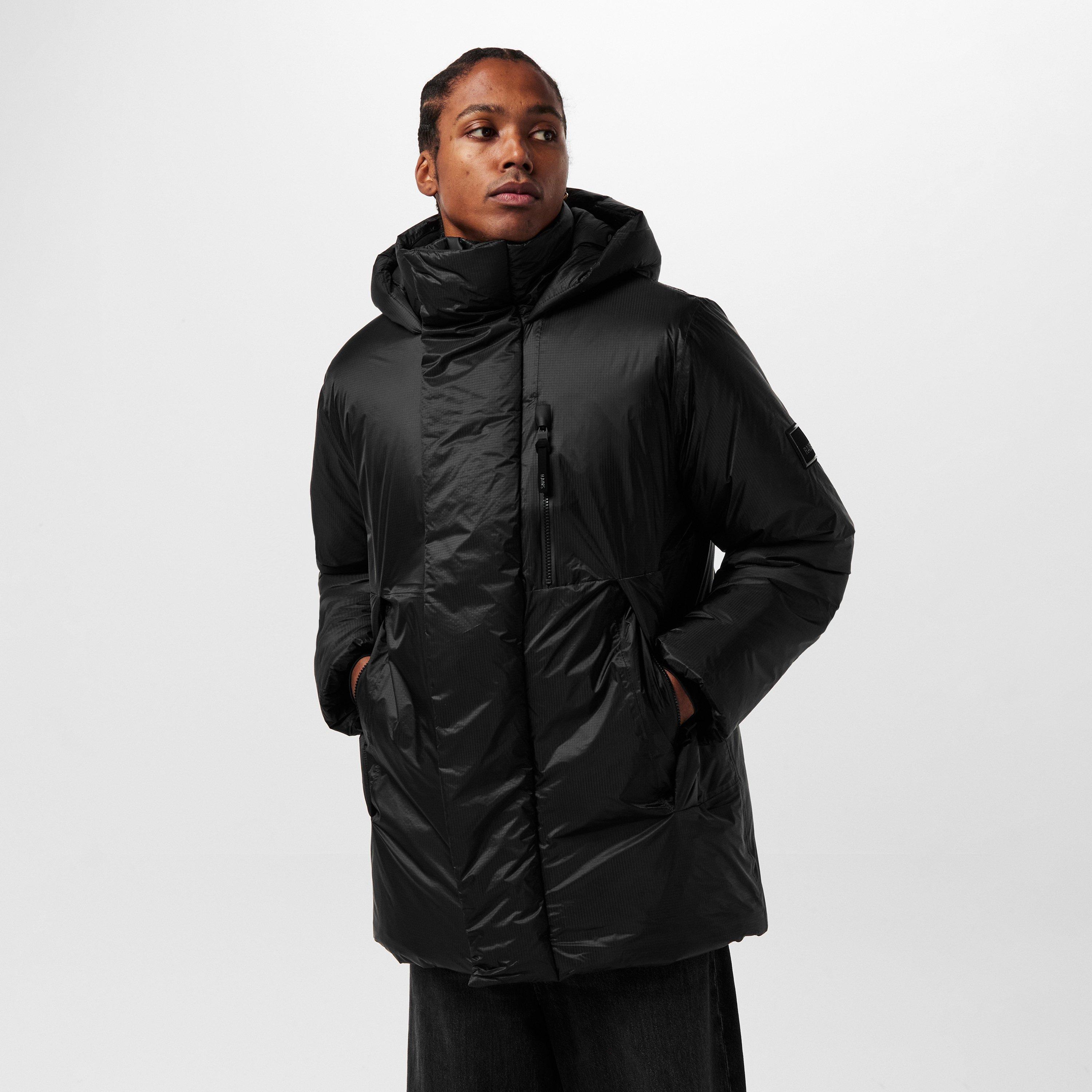Black 01 - Rains - Men's Torna Long Waterproof Windproof Hooded Medium Puffer Jacket - 3