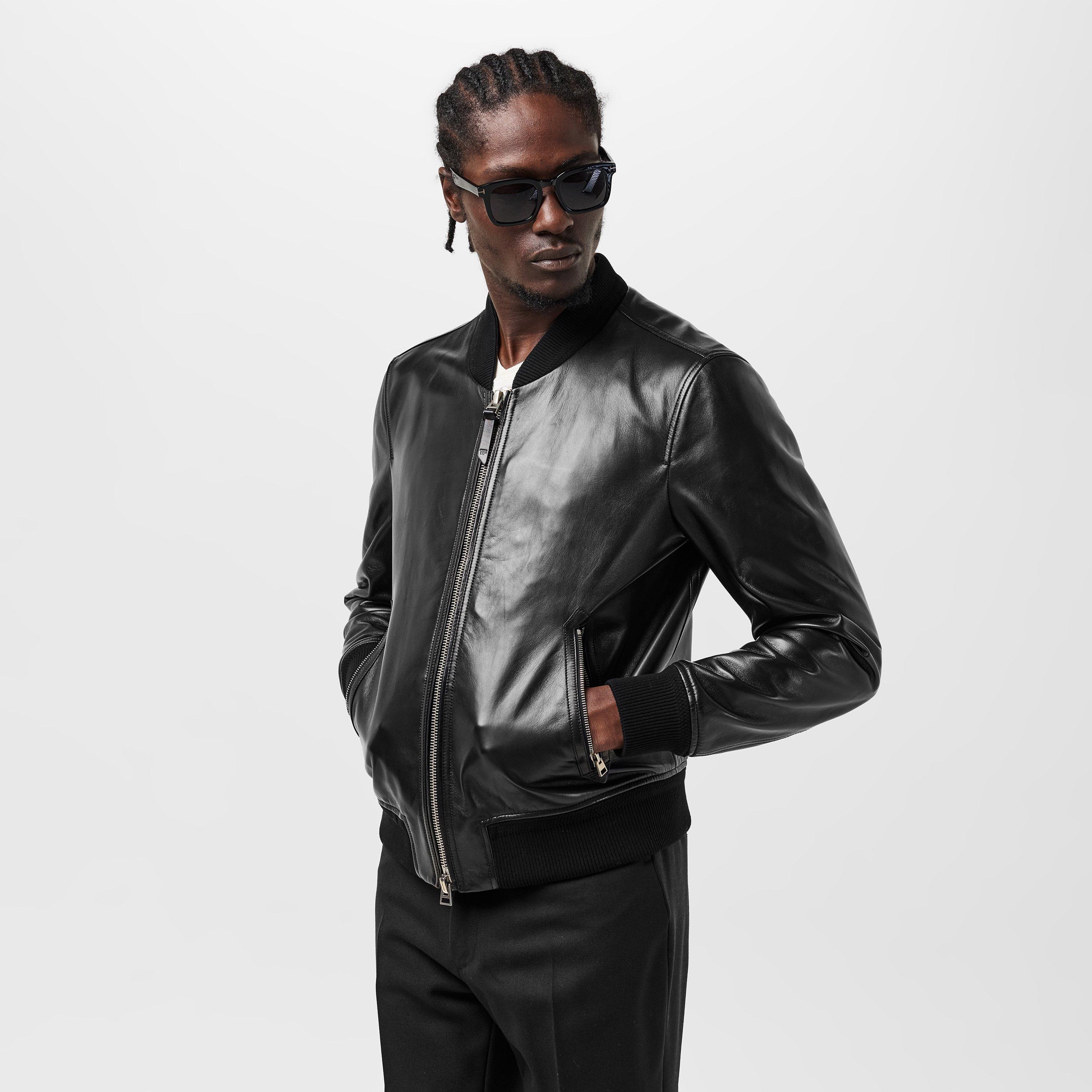 Black - Tom Ford - Men's  Nappa Leather Long Sleeve Bomber Jacket - 3