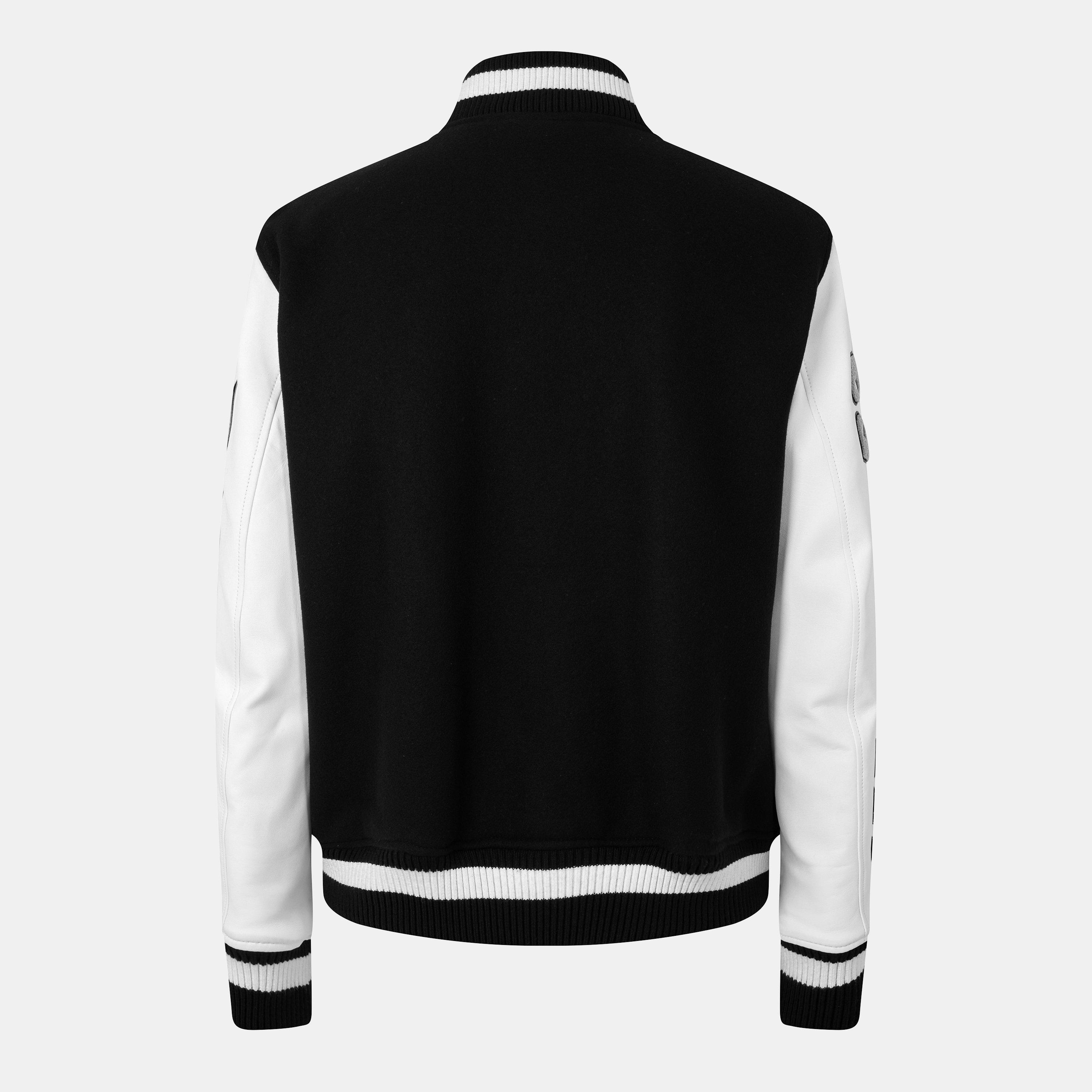 Black - Off White - Men's Wool Lamb Skin Long Sleeve Varsity Jacket - 2