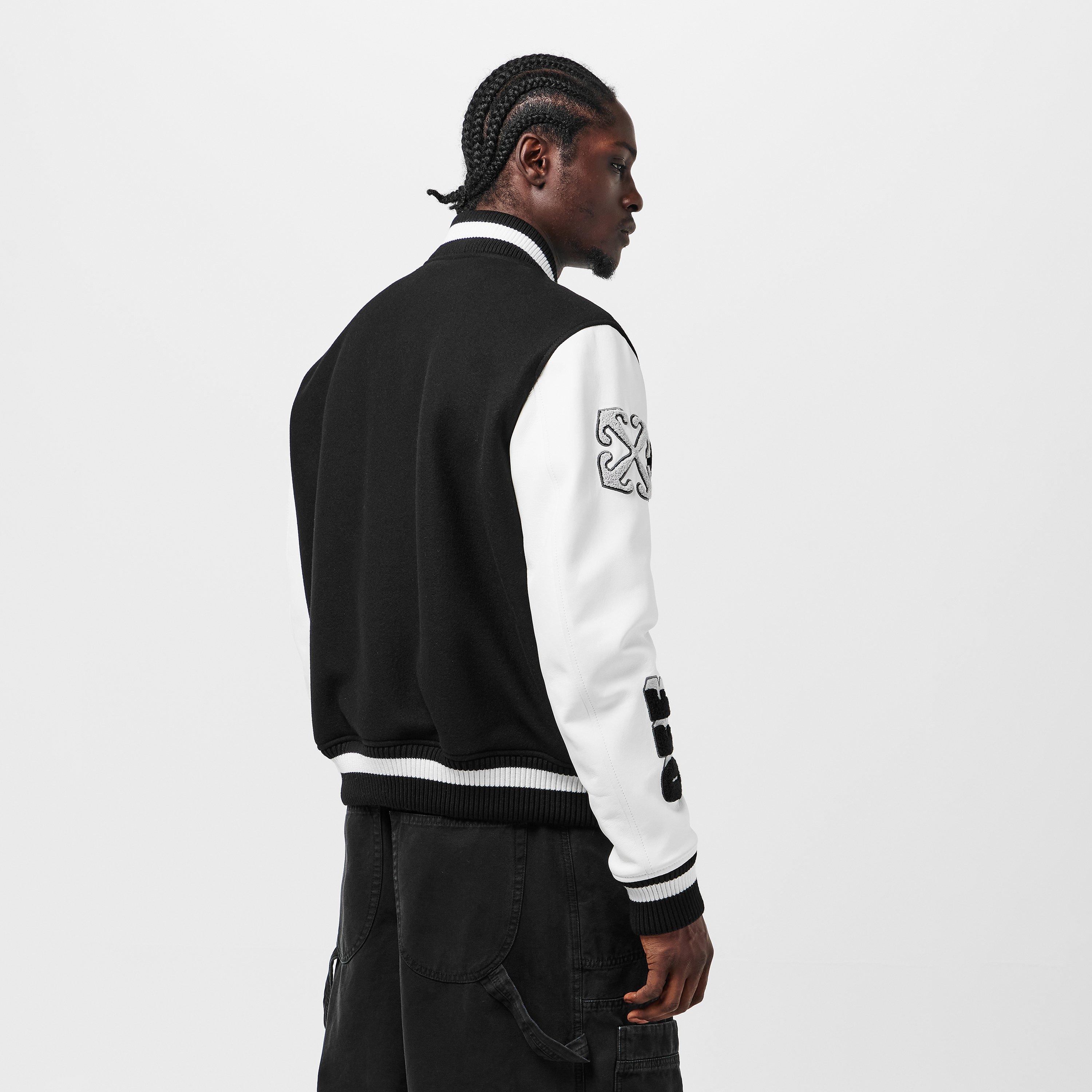 Black - Off White - Men's Wool Lamb Skin Long Sleeve Varsity Jacket - 4