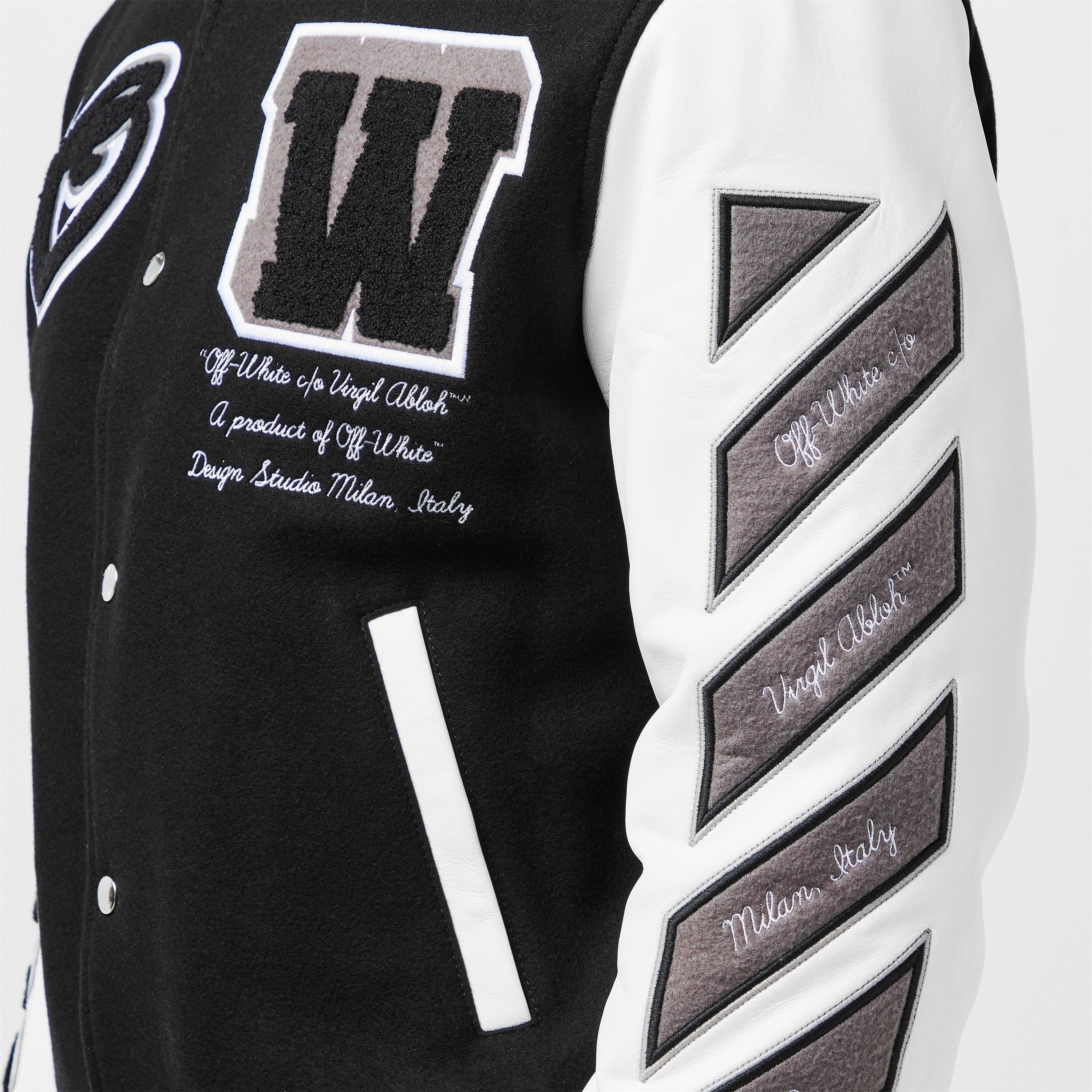 Black - Off White - Men's Wool Lamb Skin Long Sleeve Varsity Jacket - 5