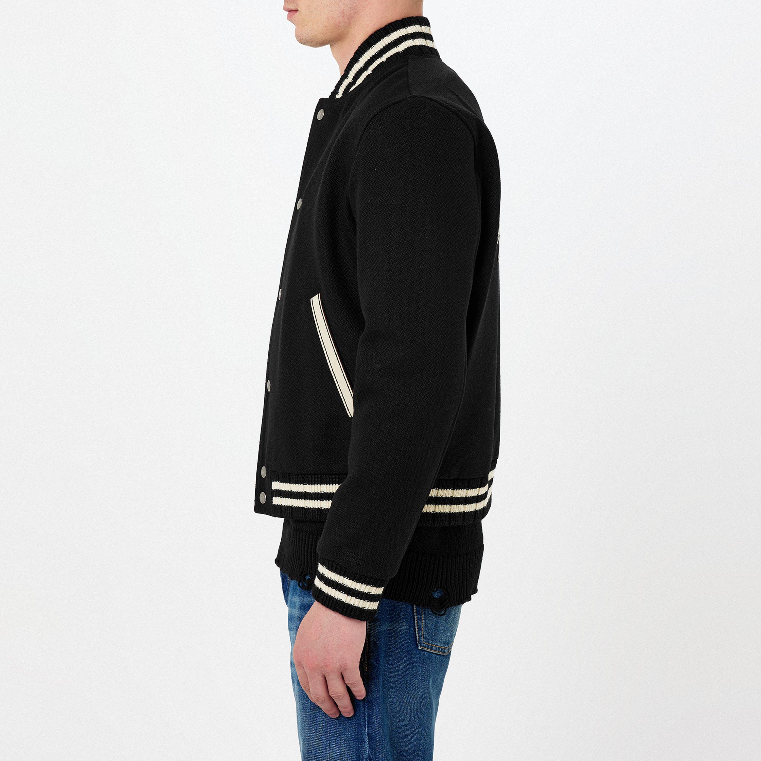 Noir - Saint Laurent - Men's  Teddy Wool Long Sleeve Stand Collar Varsity Jacket - 2