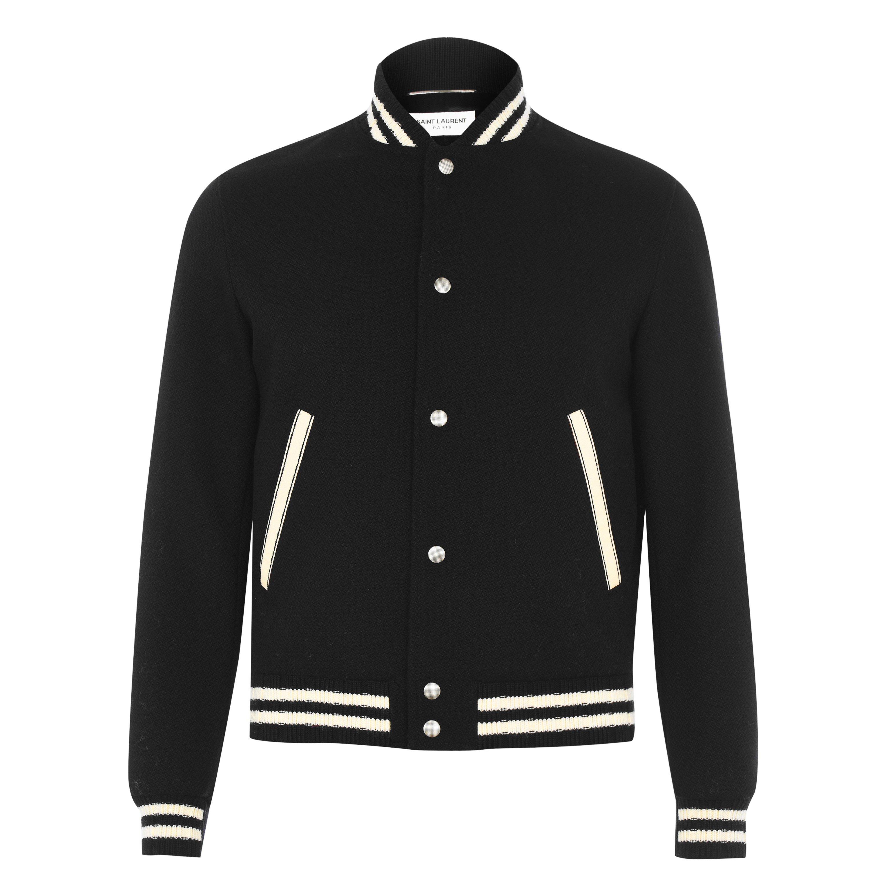 Noir - Saint Laurent - Men's  Teddy Wool Long Sleeve Stand Collar Varsity Jacket - 5