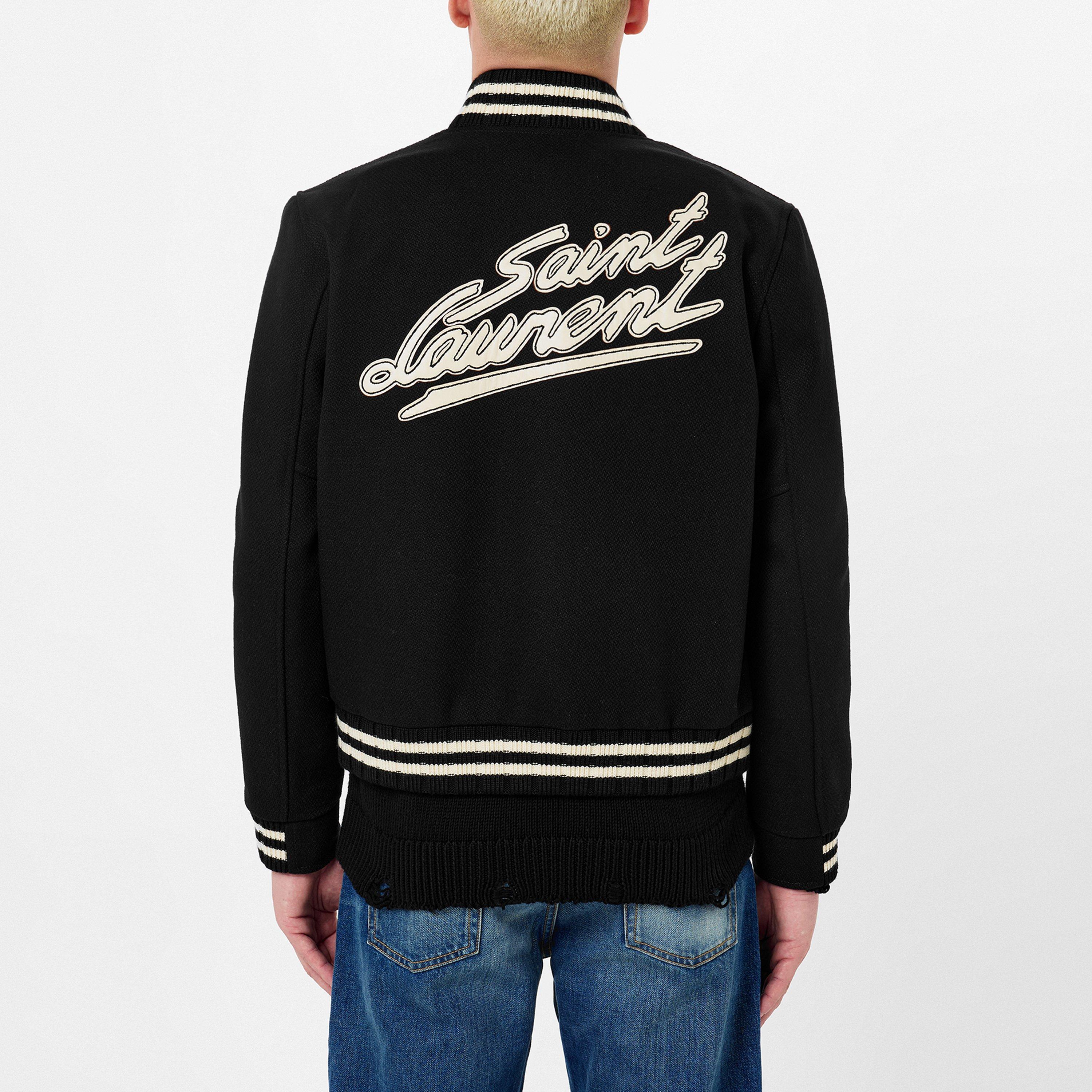 Noir - Saint Laurent - Men's  Teddy Wool Long Sleeve Stand Collar Varsity Jacket - 3