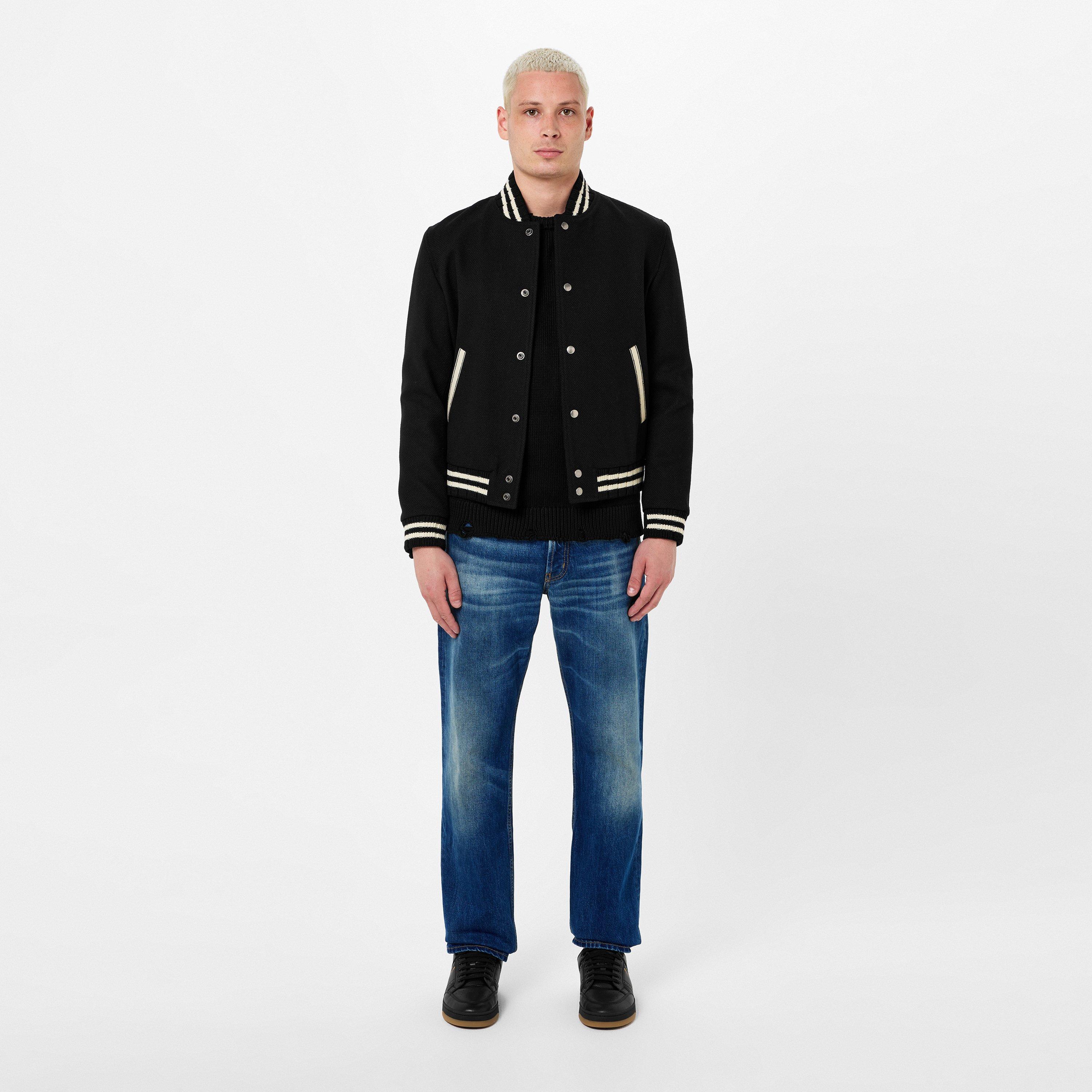 Noir - Saint Laurent - Men's  Teddy Wool Long Sleeve Stand Collar Varsity Jacket - 4