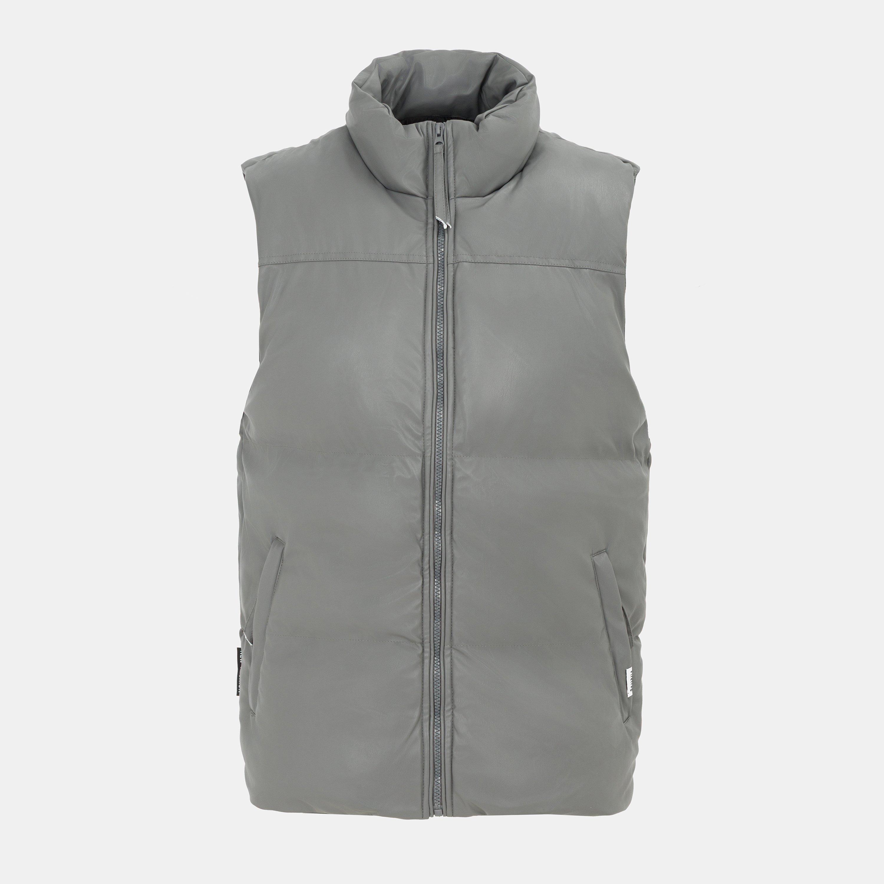 Dark Grey - Firetrap - Men's Faux Leather Stand Collar Sleeveless Padded Gilet - 1