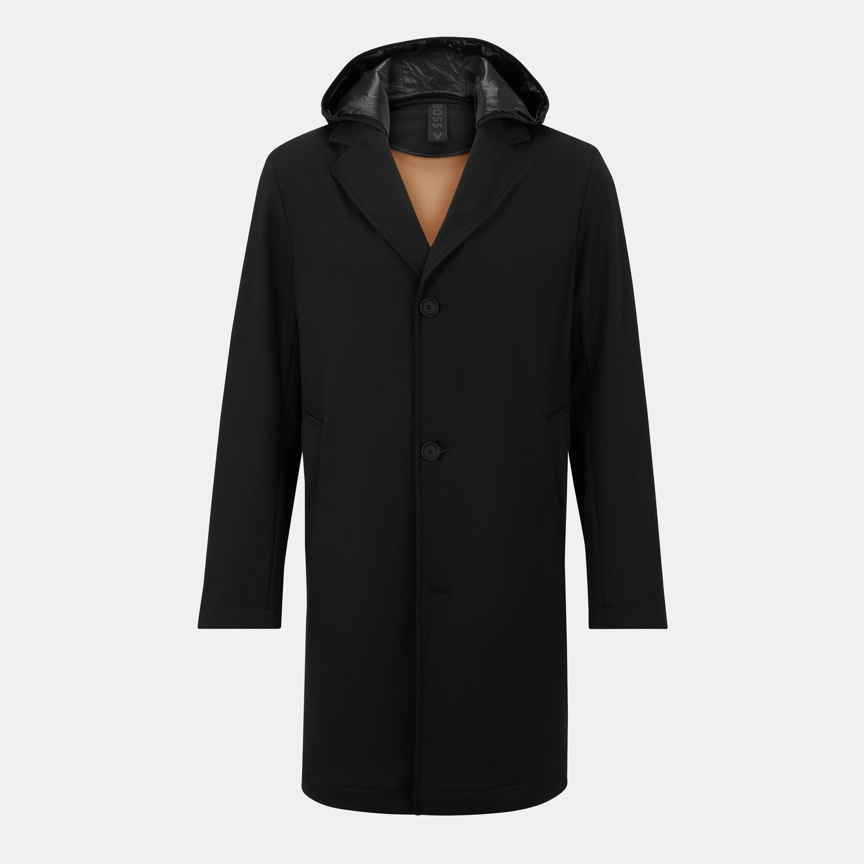 Black - Boss - Men's P-Cam-J-Hood Water-Resistant Hooded Trench Coat