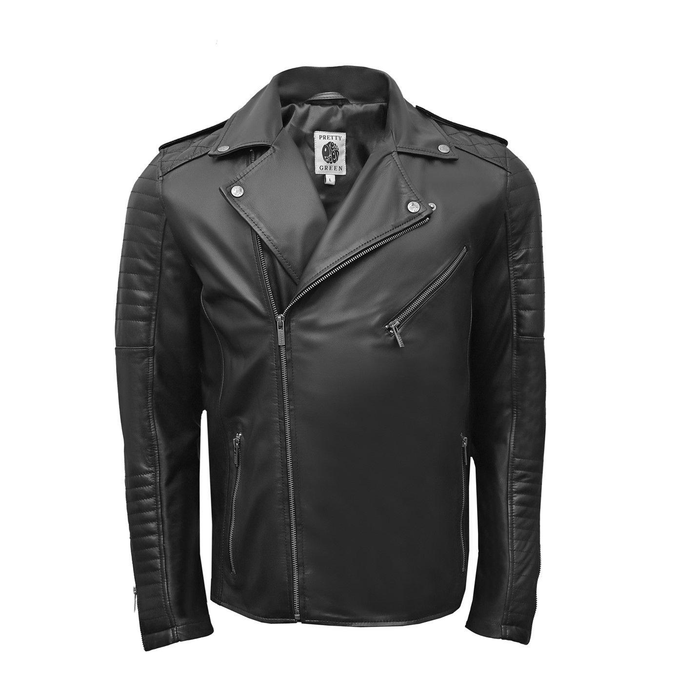 Black - Pretty Green - Mens Genuine Sheepskin Leather Biker Jacket - 1