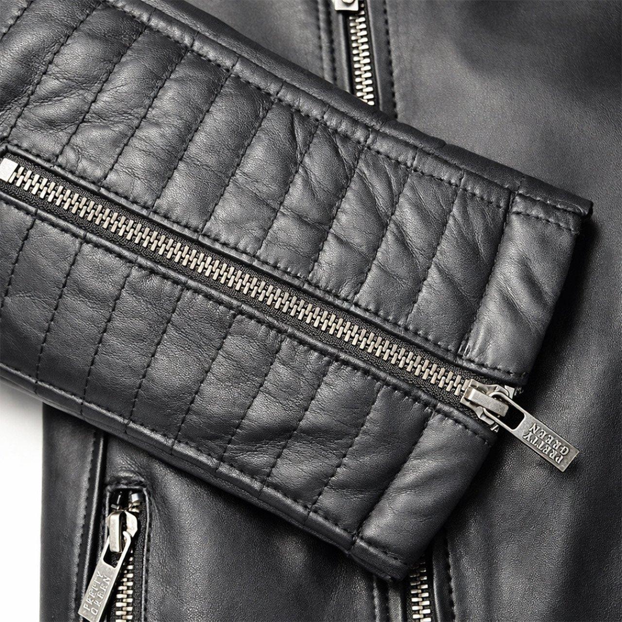 Black - Pretty Green - Men's Genuine Sheepskin Leather Biker Jacket - 3