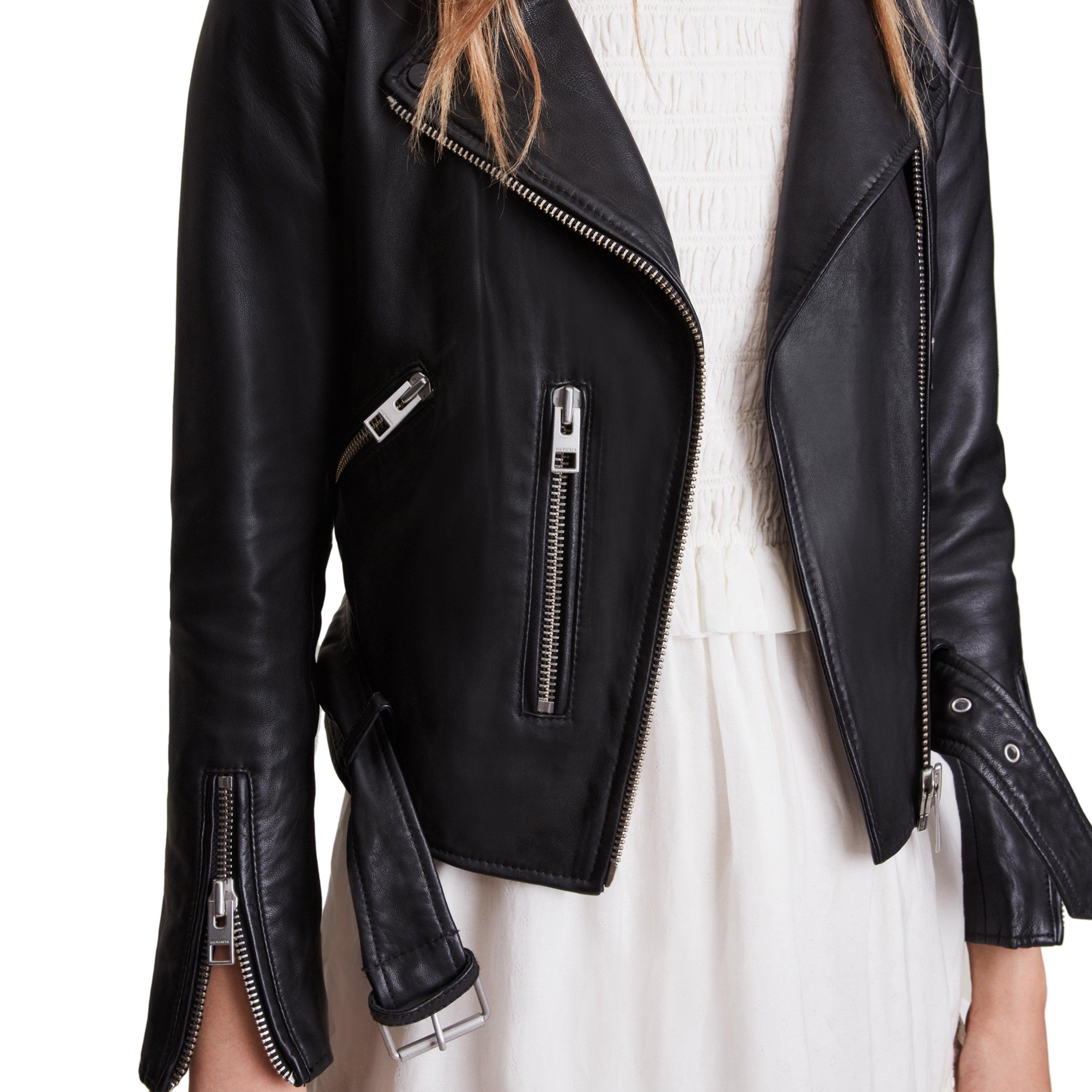 Black - AllSaints - Women's Balfern Biker Leather Long Sleeve Leather Jacket - 5