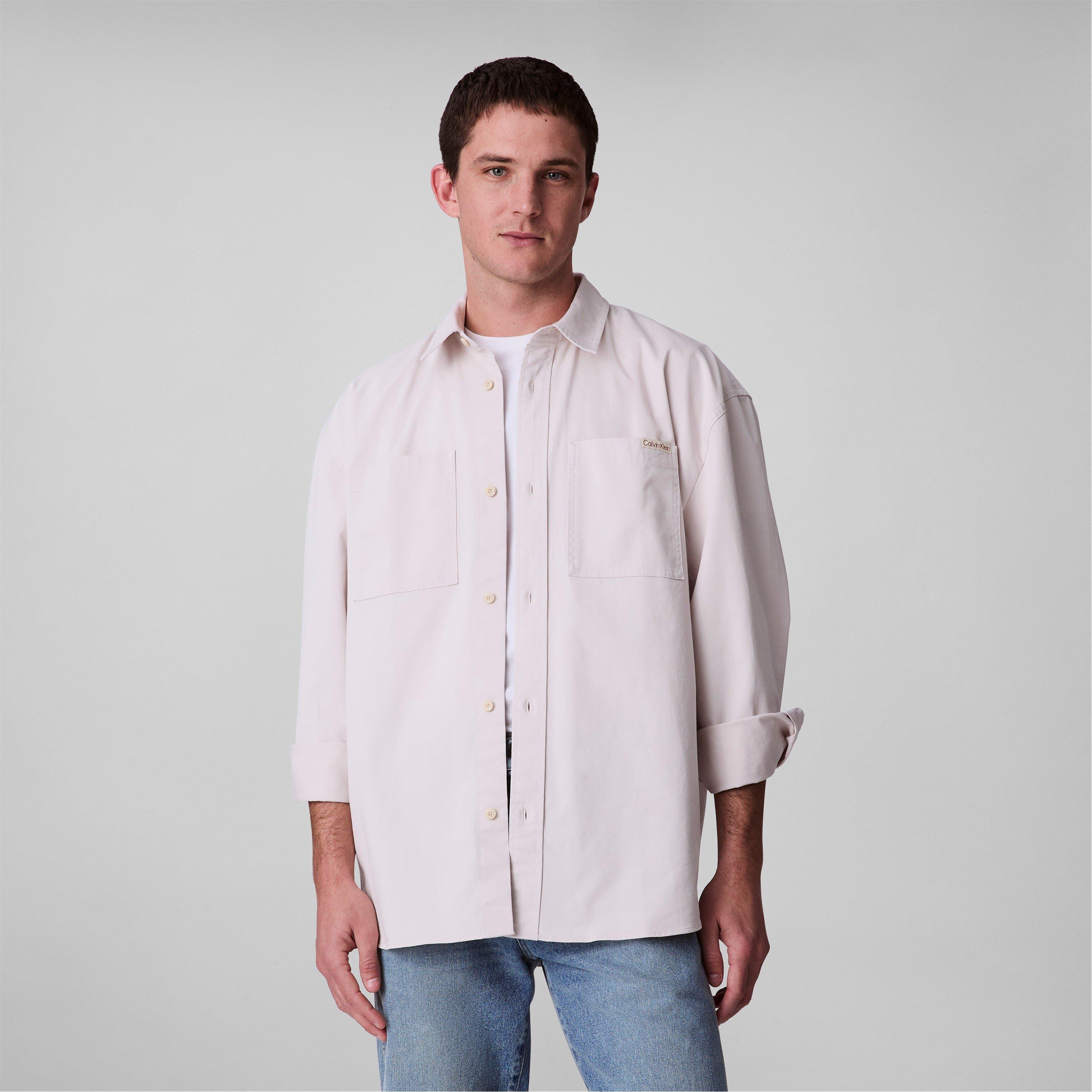 Calvin Klein Jeans Men's Relaxed Chambray Cotton Long Sleeve Oversized Fit Overshirt - Chalk - XL