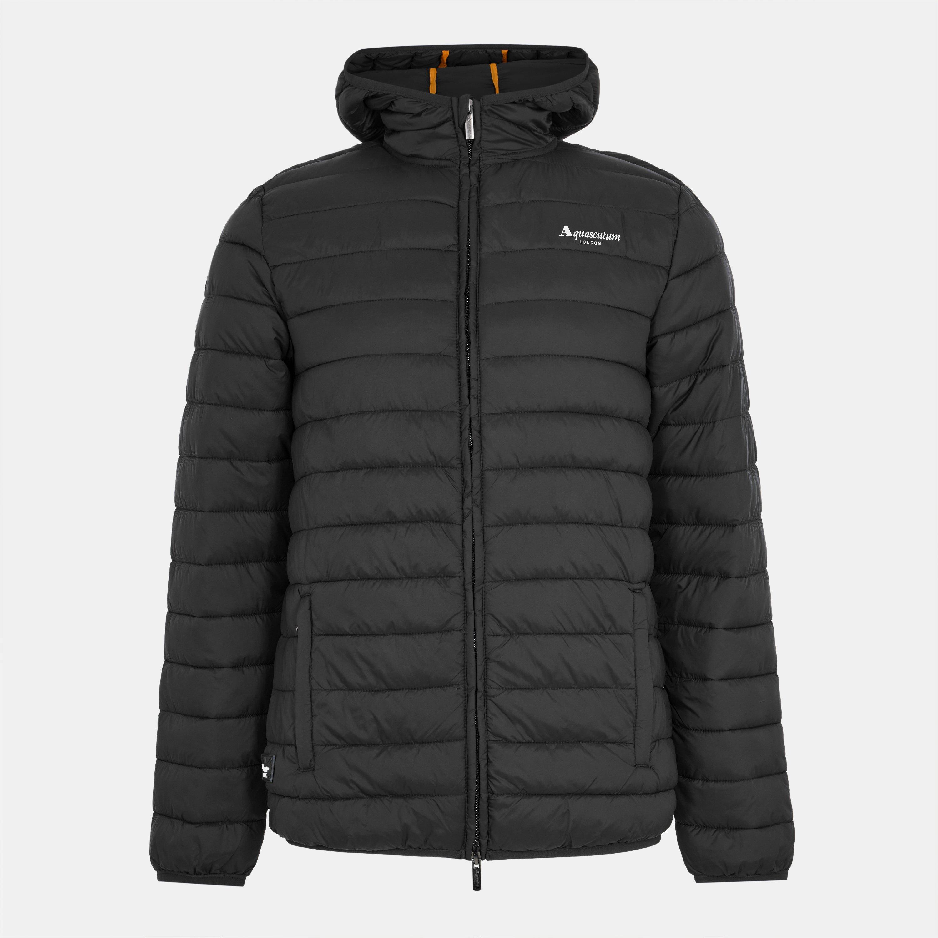 Aquascutum Men's Hooded Hip Length Long Sleeve Medium Puffer Jacket - Black - Medium