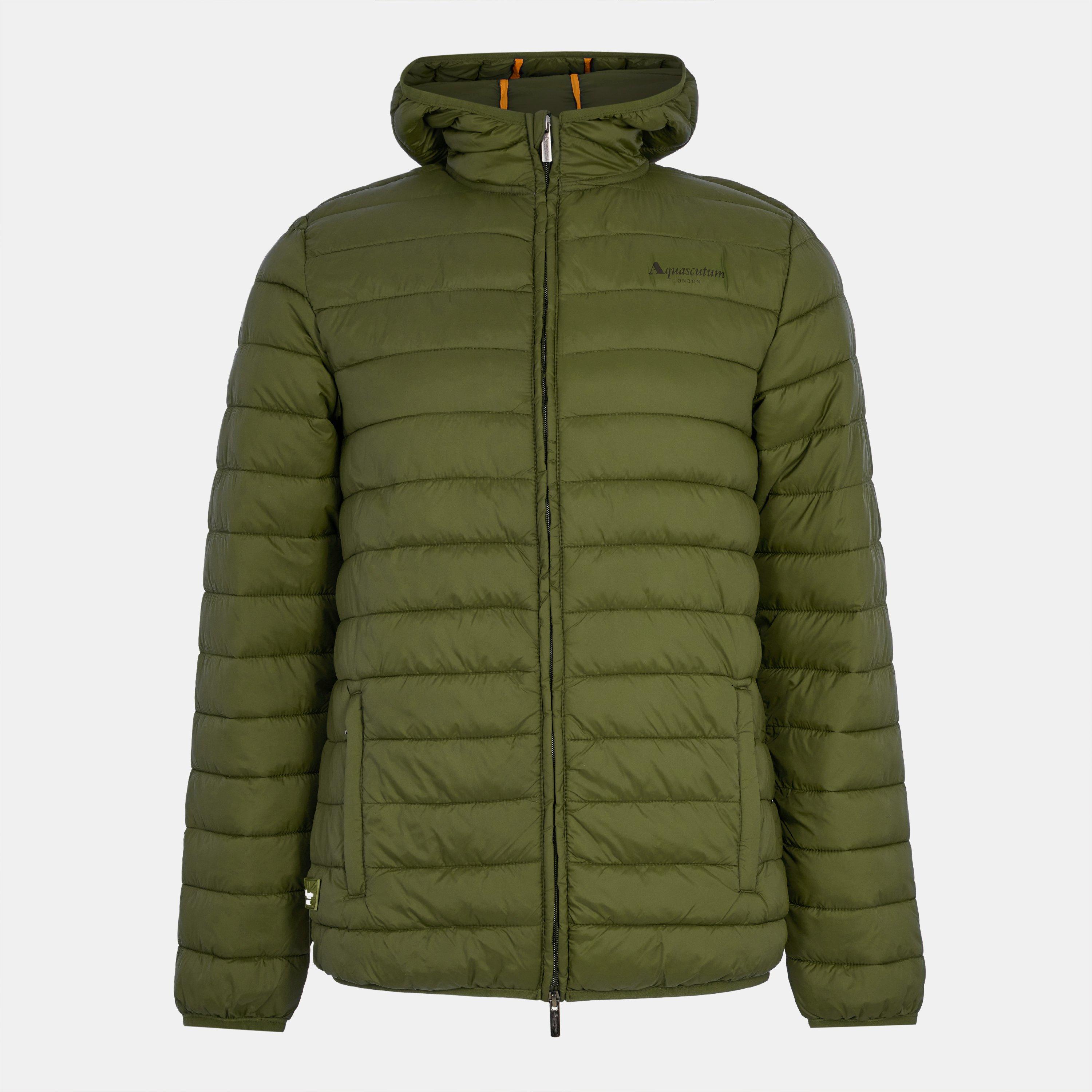 Aquascutum Men's Hooded Hip Length Long Sleeve Medium Puffer Jacket - Army Green - Large