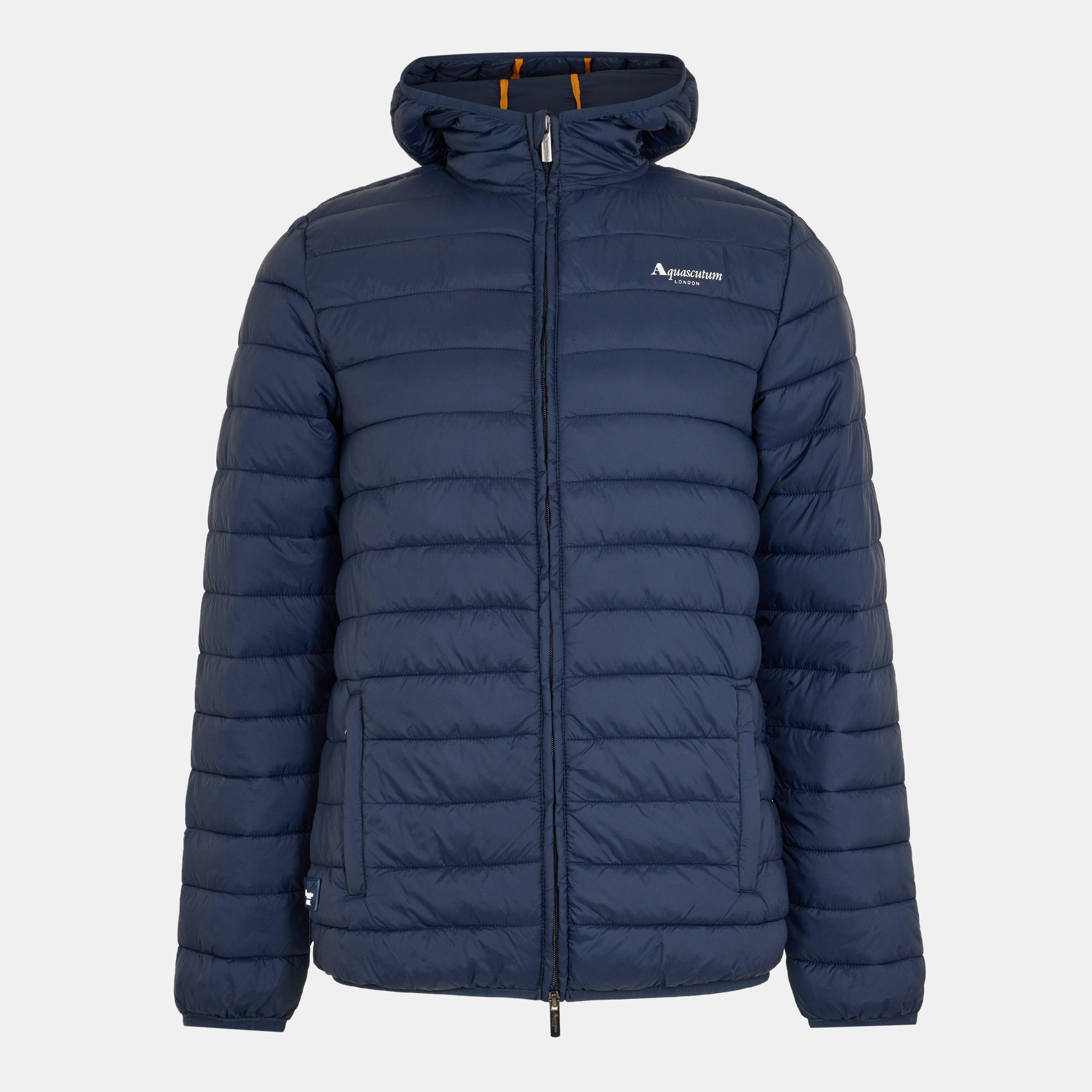 Aquascutum Men's Hooded Hip Length Long Sleeve Medium Puffer Jacket - Navy - Medium