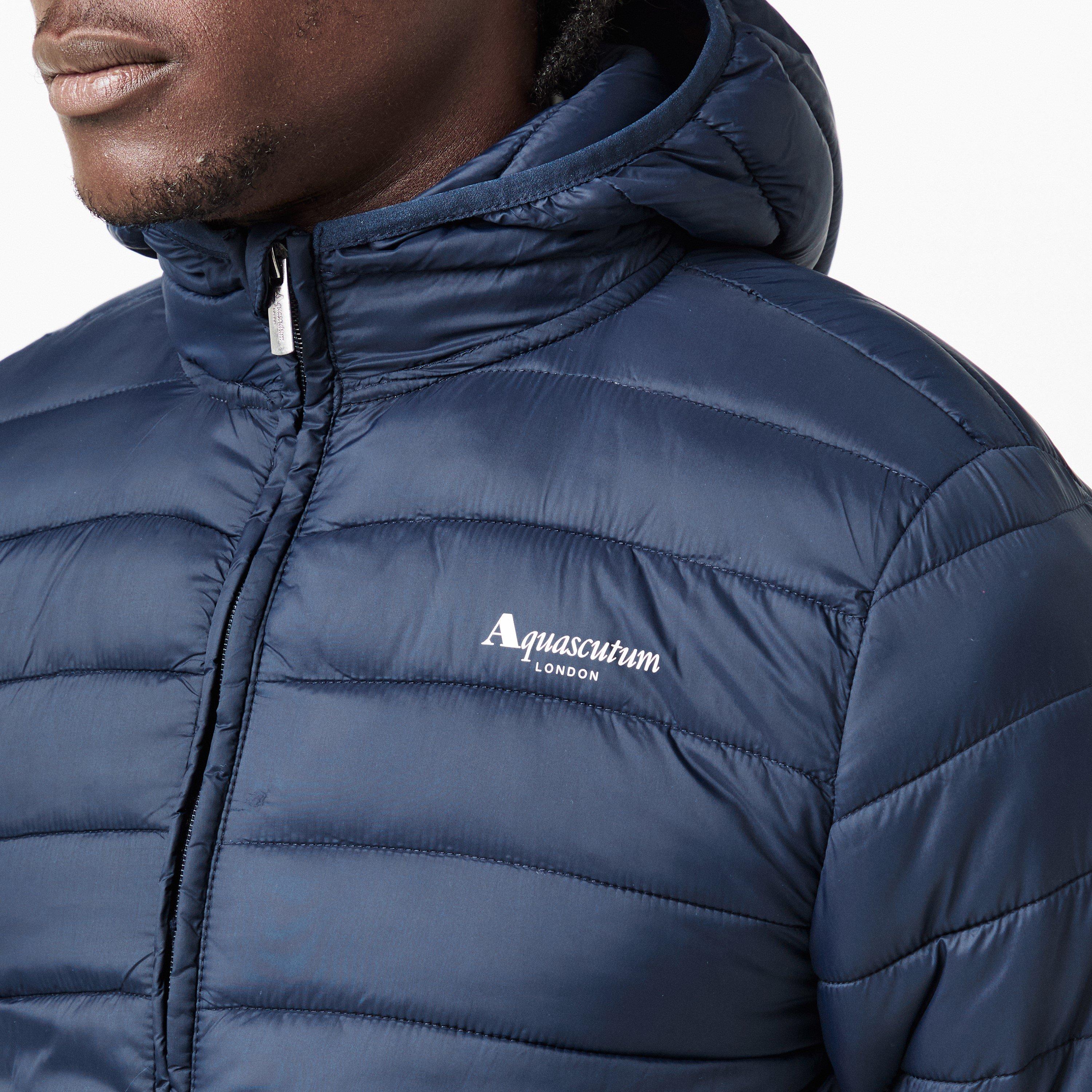 Navy - Aquascutum - Men's  Hooded Hip Length Long Sleeve Medium Puffer Jacket - 5