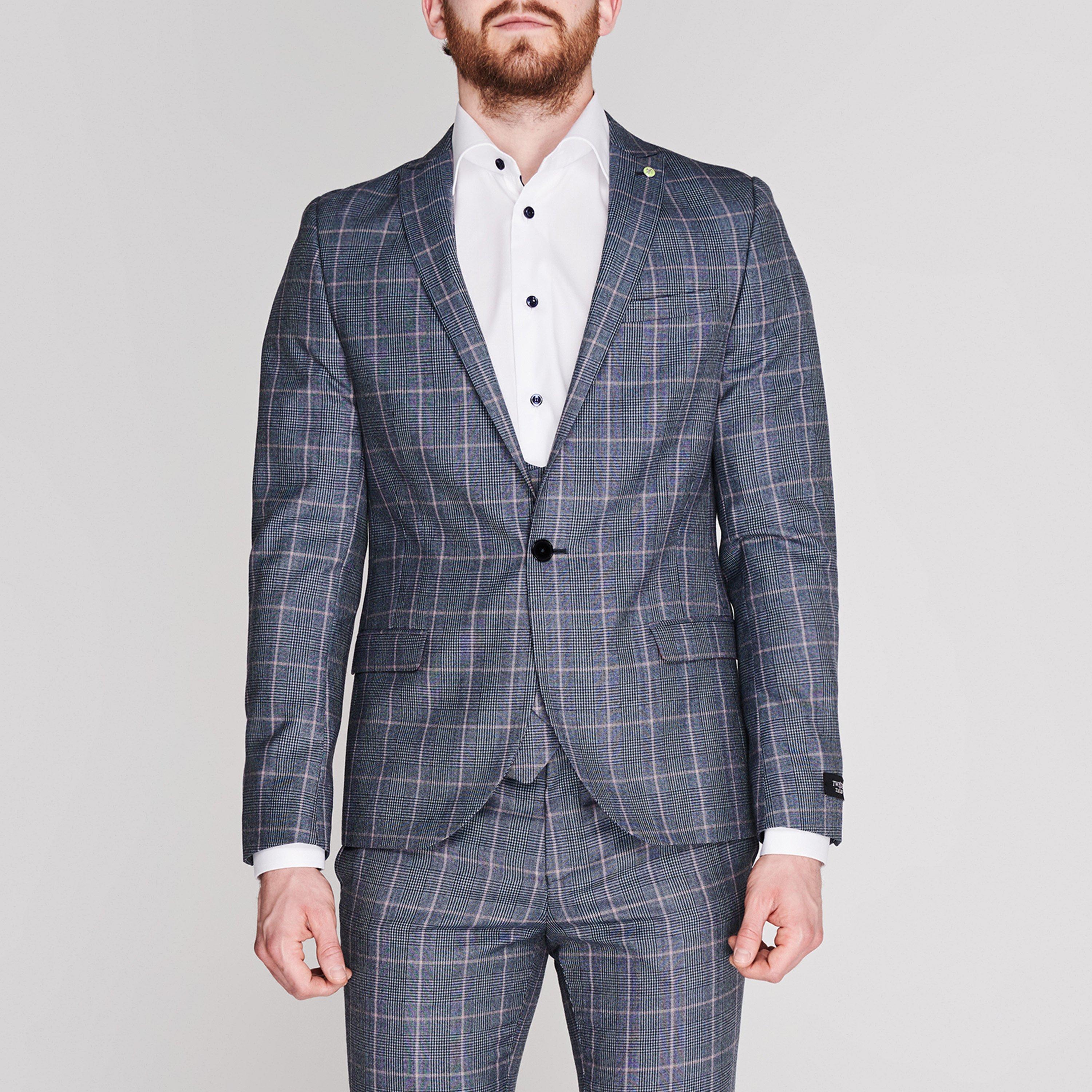 Light Blue - Twisted Tailor - Men's Jasper Chequered Wool Long Sleeve Blazer - 2