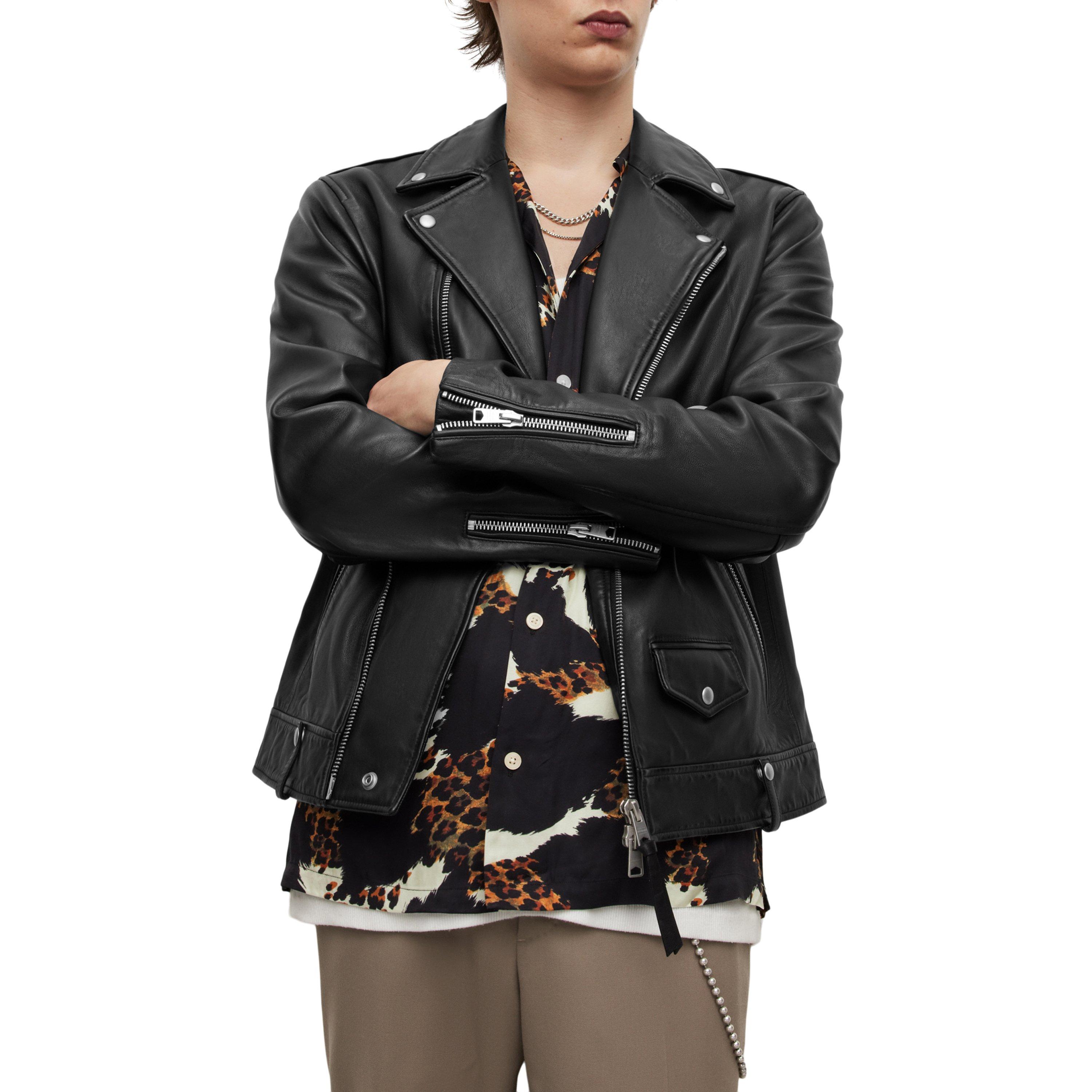 Black - AllSaints - Men's Milo Biker Long Sleeve Leather Jacket - 7