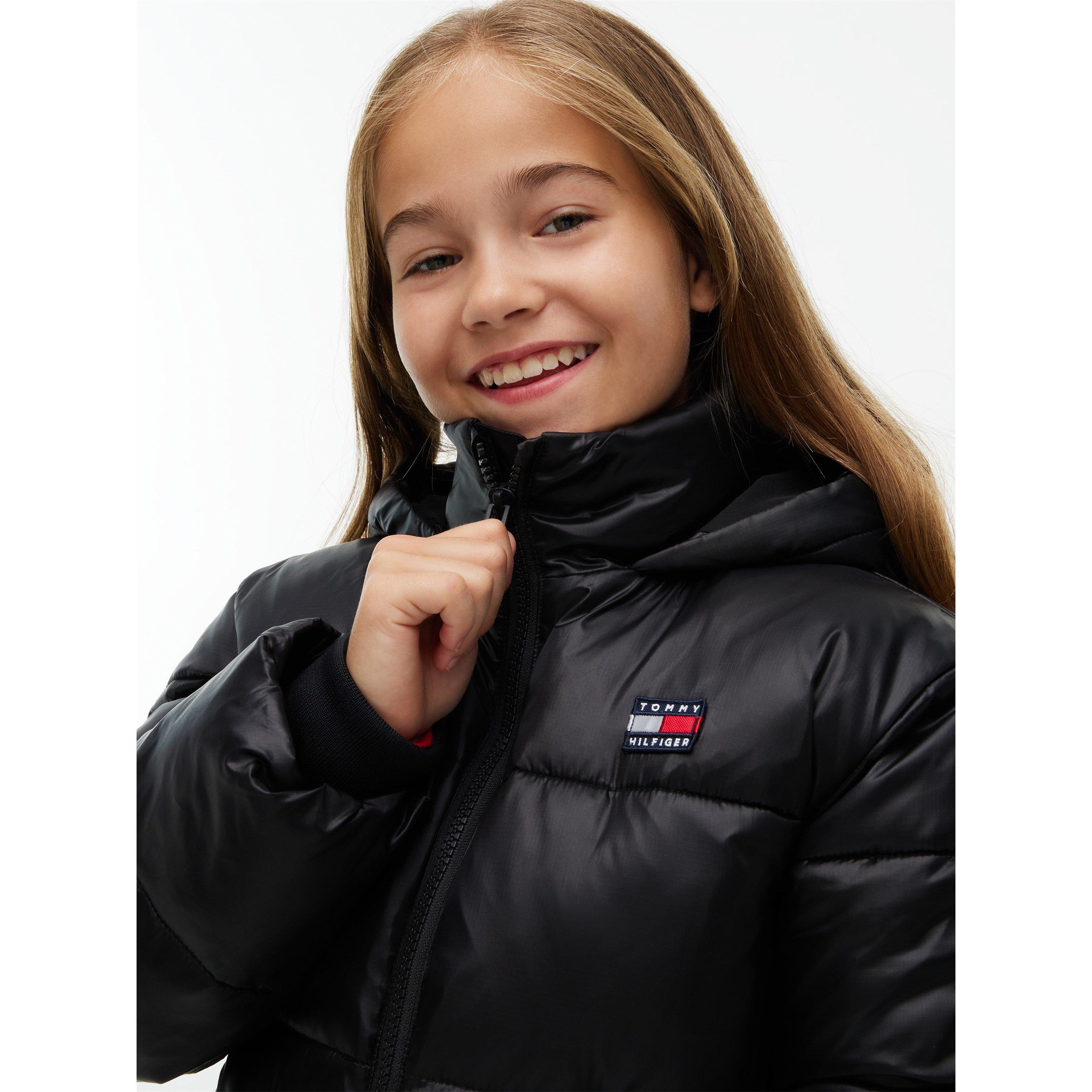 Black BDS - Tommy Hilfiger - Kids' Shiny Full-Zip Hooded Short Puffer Jacket - 2